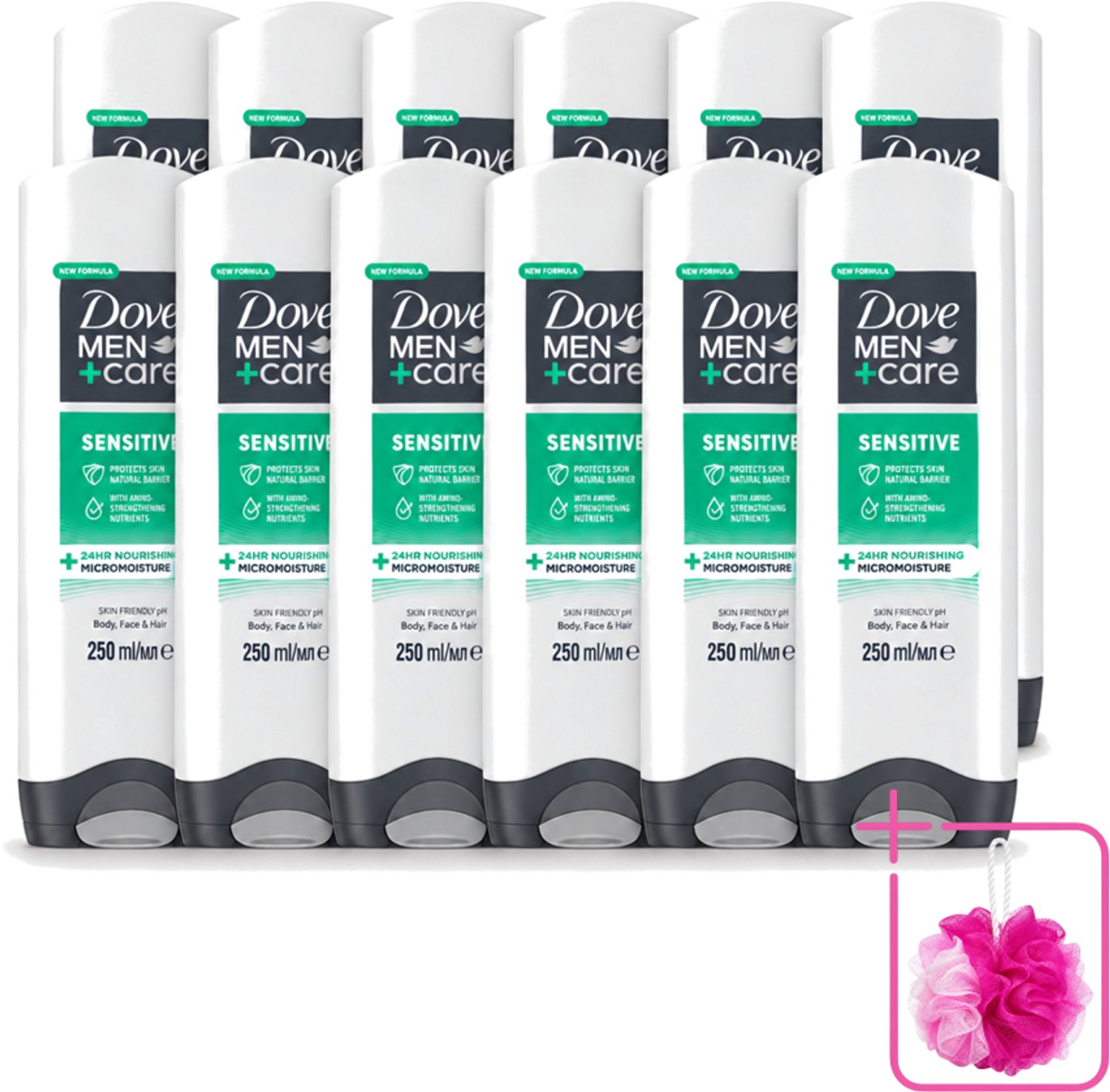 12 x Dove Men+Care - Sensitive - Douchegel 3-in-1 - Verzorgend - 250 ml - Bulkverpakking - Gevoelige huid - Douchemop - Lichaamsgel