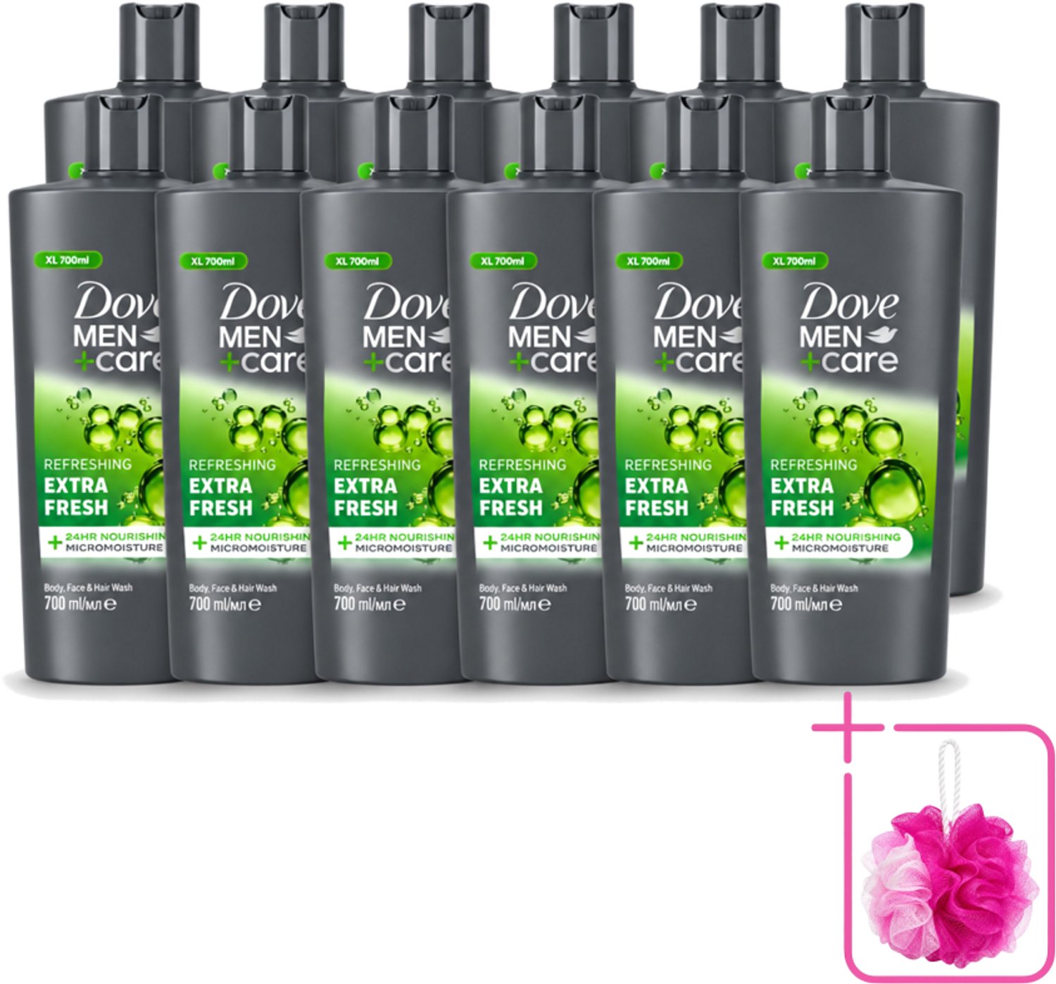 12 x Dove Men+Care - Extra Fresh - Douchegel 3-in-1 - Verzorgend - 700 ml - Bulkverpakking - Douchegel voor mannen - Douchemop - Verfrissende douche