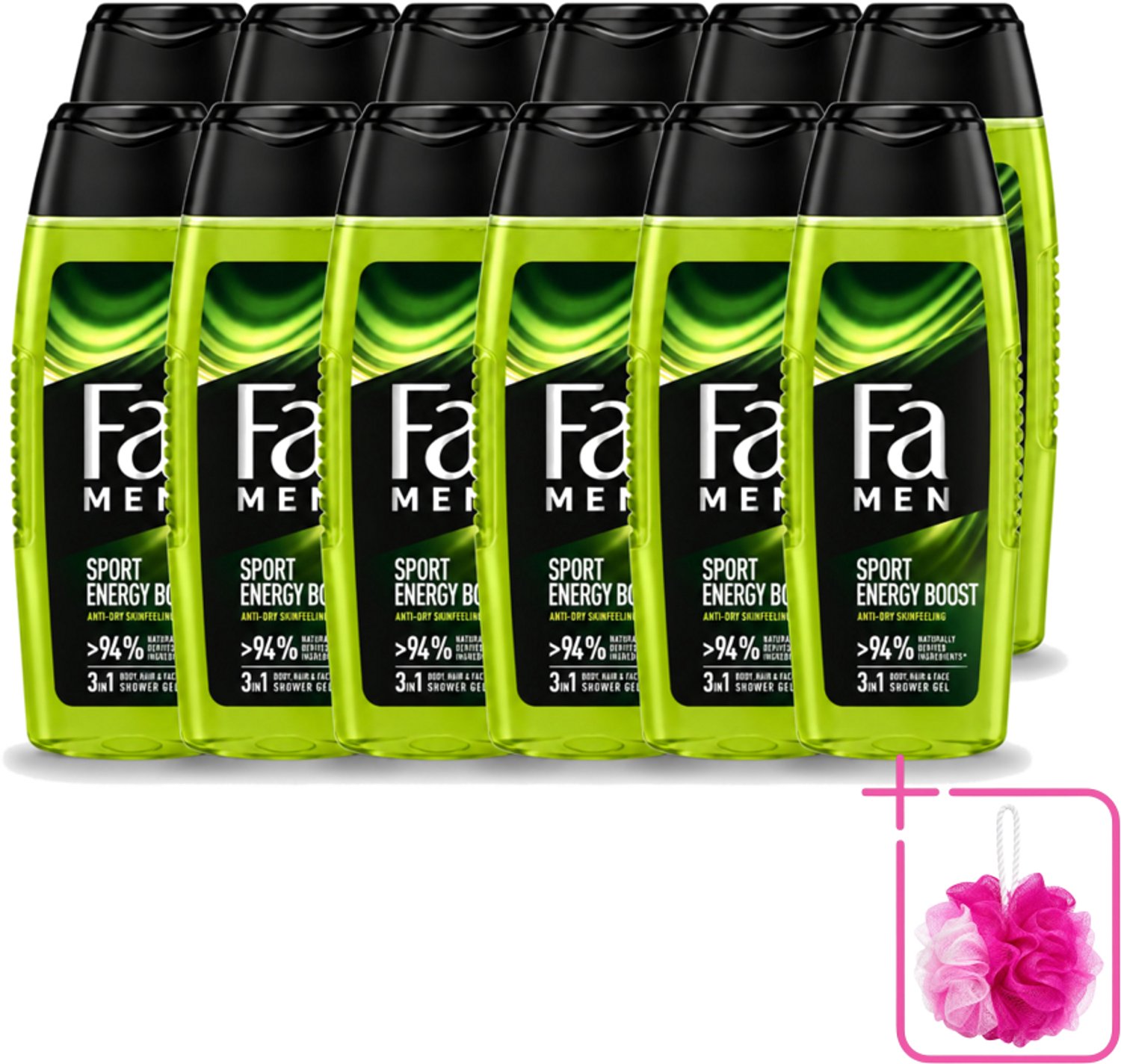 12 x Fa Men - Sport Energy Boost - Doucemiddel - Voor Lichaam, Haar & Gezicht - 250 ml - Bulkverpakking - Sport energie - Douchemop - Frisheid