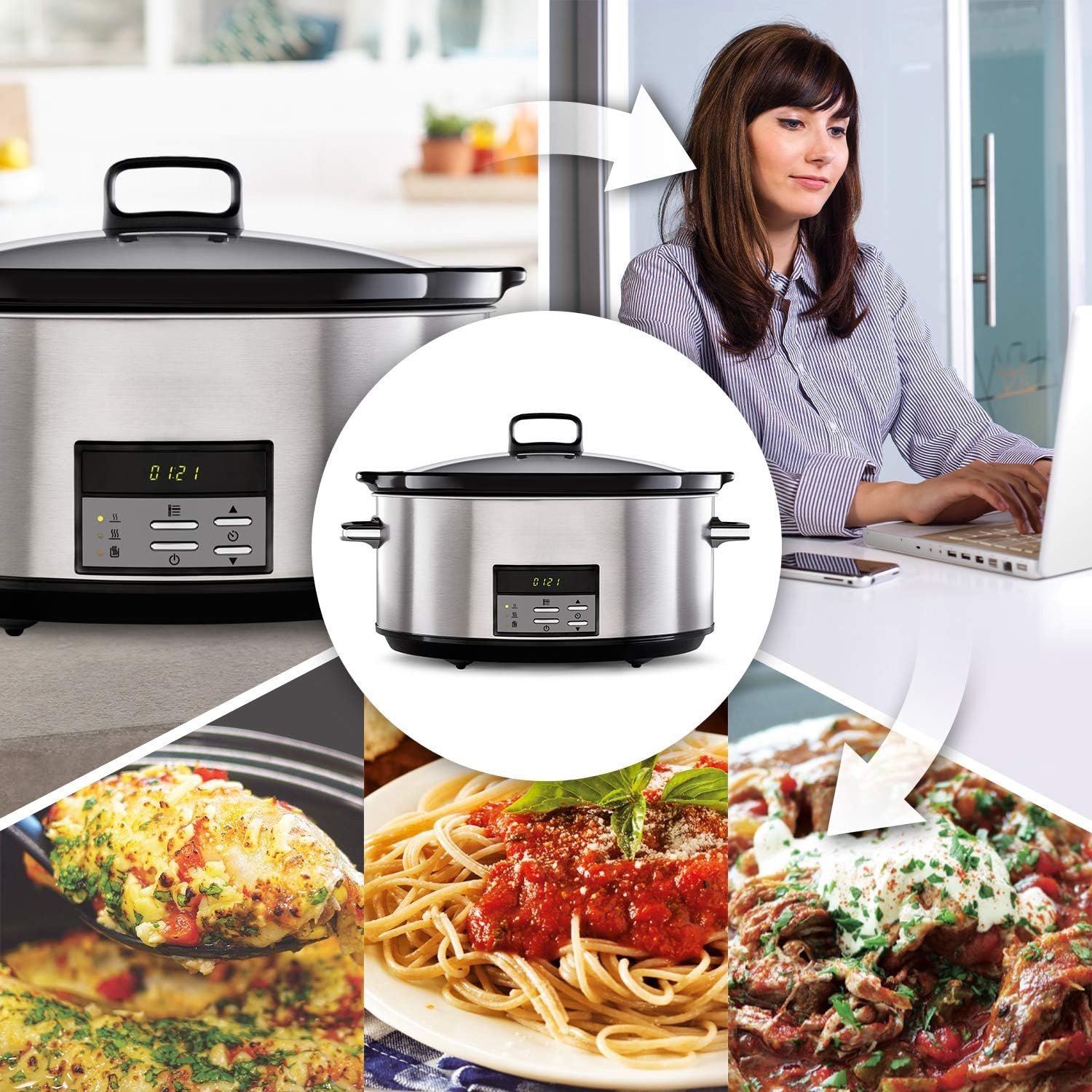 QEVA Slowcooker met Timer - Crockpot - Multicooker - Zilver - 44cm x 31cm x 26cm – foto 5