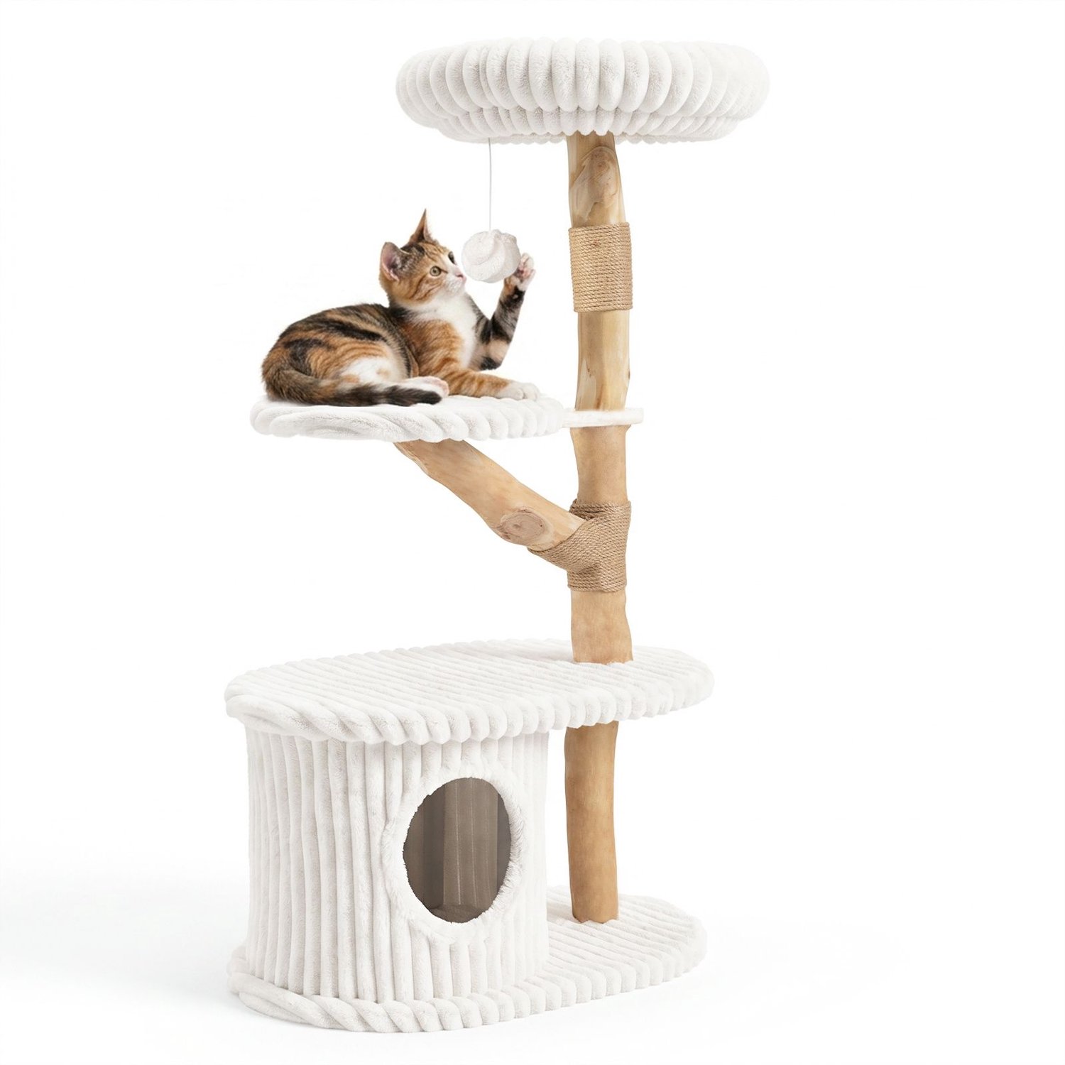 SureDeal® - Krabpaal - Hout - Kattenhol Katten Toren - Pluche Zitvlak Platforms - 67x40,5x109 cm - Beige