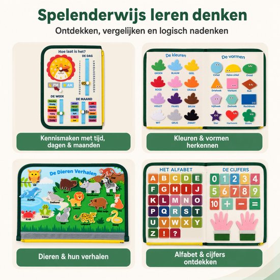Vier panelen tonen educatieve activiteiten: klokkijken, kleuren, vormen, dierennamen en het alfabet met cijfers.