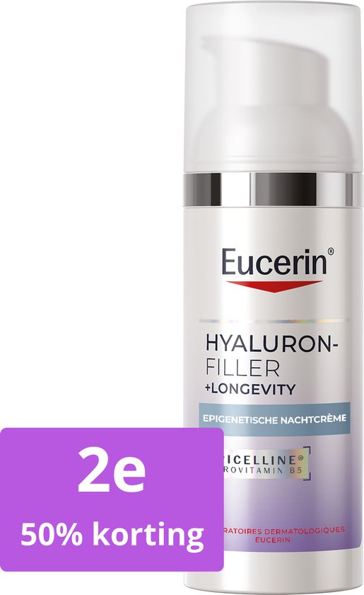 Eucerin Hyaluron-Filler + Longevity Epigenetische Nachtcrème, 50 ml. Paarse sticker met '2e 50% korting'.