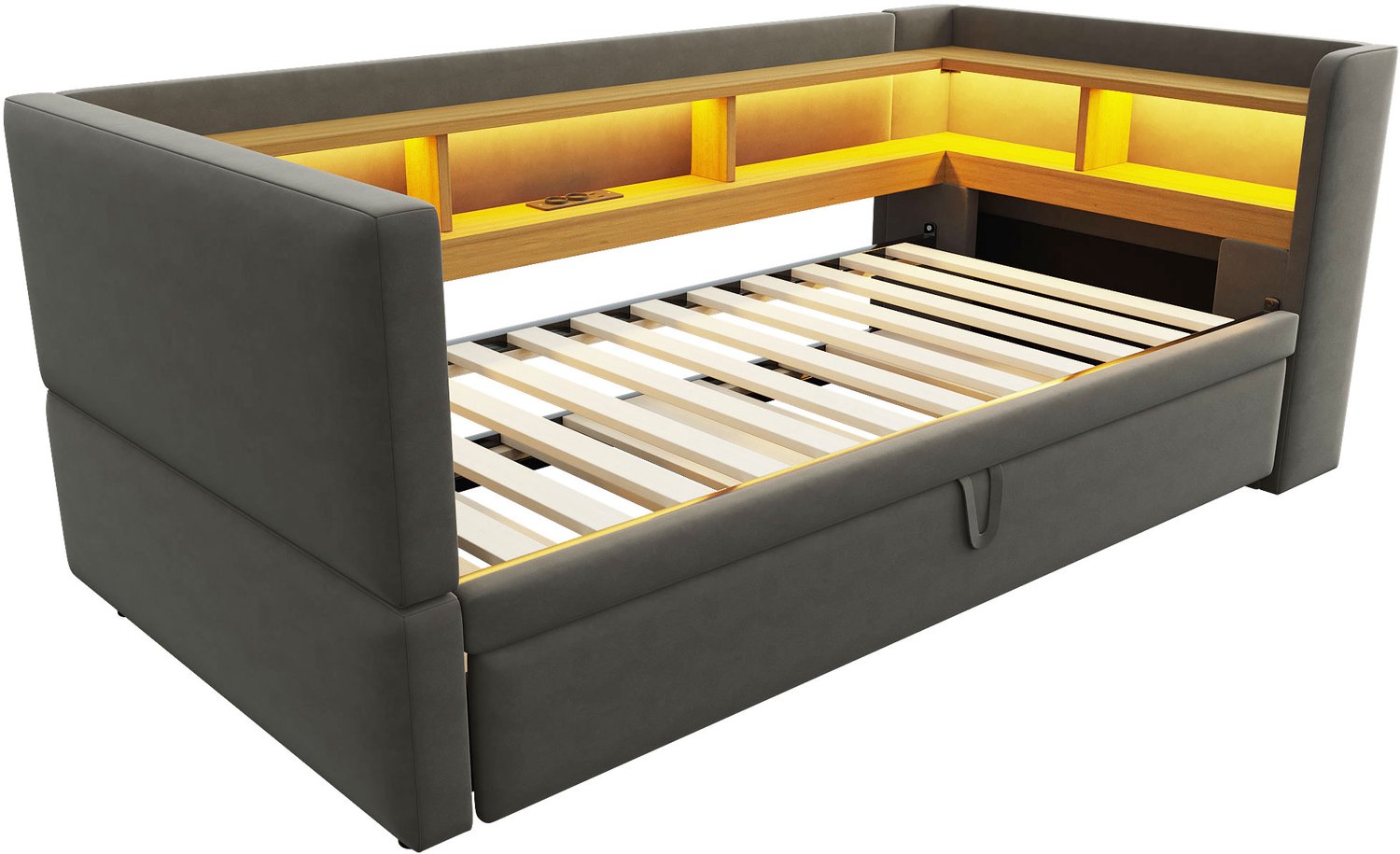 MUVANO Slaapbank - uitschuifbare slaapbank 90/180 x 190 cm - LED-verlichting - opbergvakken - gestoffeerd bed - donkergrijs voor woonkamer