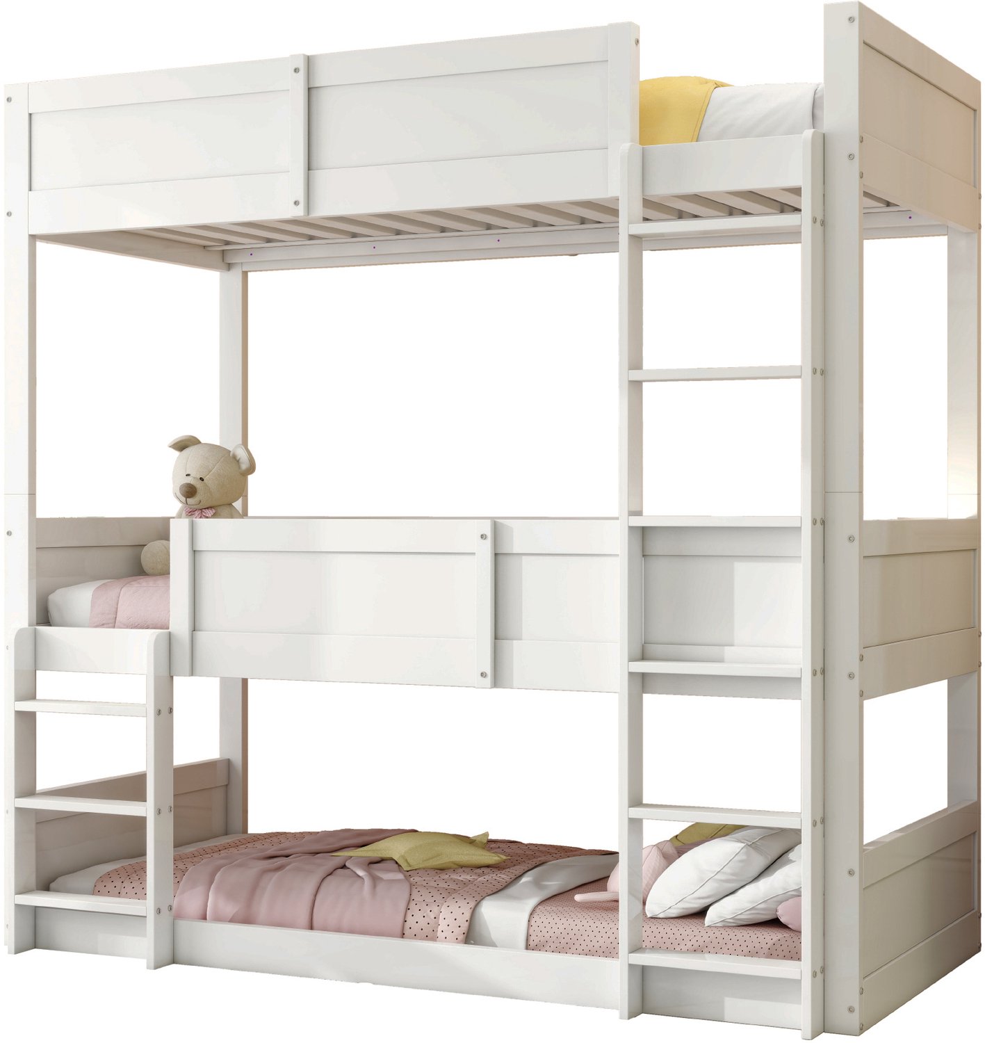 MUVANO Drielaags stapelbed 90 x 200 cm - hoogslaper voor kinderen - wit houten kinderbed met hoge veiligheidsleuning en houten lattenbodems