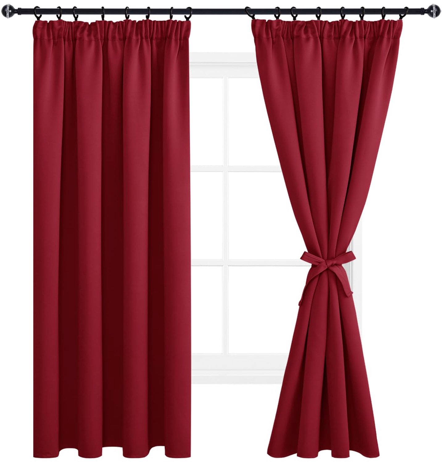 Famanu Verduisterende gordijnen met plooiband set van 2 stuks, 117 x 137 cm, rood, eenvoudig te installeren voor woonkamer en kerstdecoratie, biedt privacy en verduistering