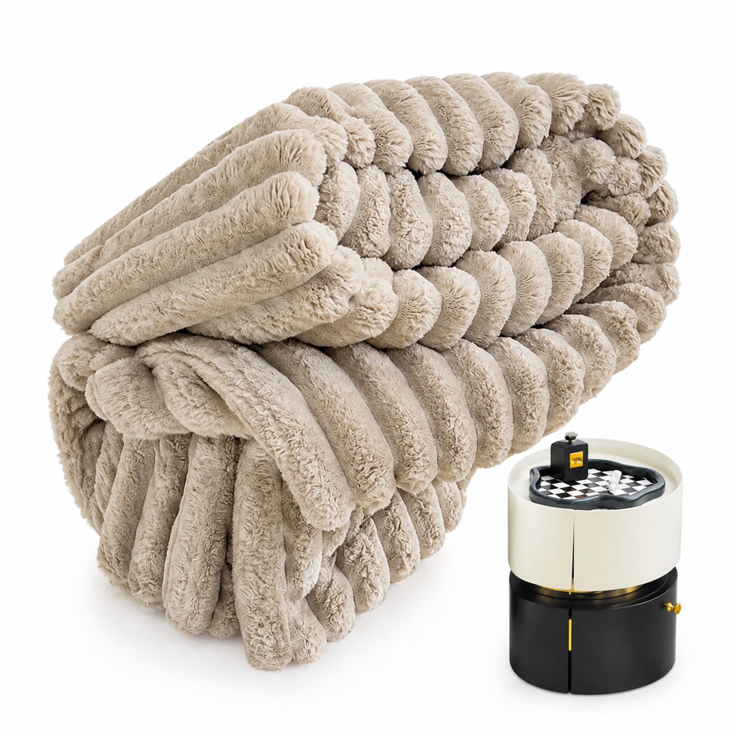 SWGOTA Gestreepte pluche plaid kaki 150 x 200 cm, polyester deken, machinewasbaar