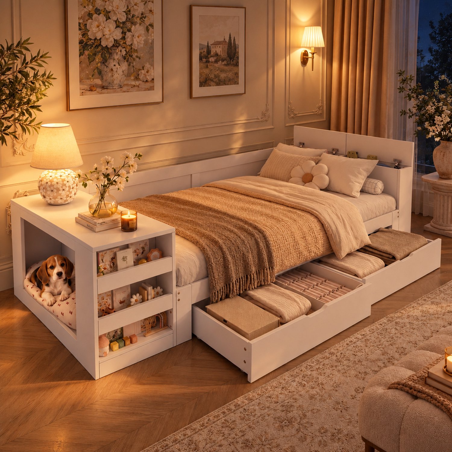 Mulder Living Eenpersoonsbed 90x200 cm - 1 Persoons Bed - Eenpersoonsslaapbank - Multifunctionele slaapbank - Hout - Lattenbodem - Met geïntegreerde rustplek voor huisdieren - Met schappen - Met lades - Grote Opbergruimte - Vrijstaand bed - Stevig - Wit