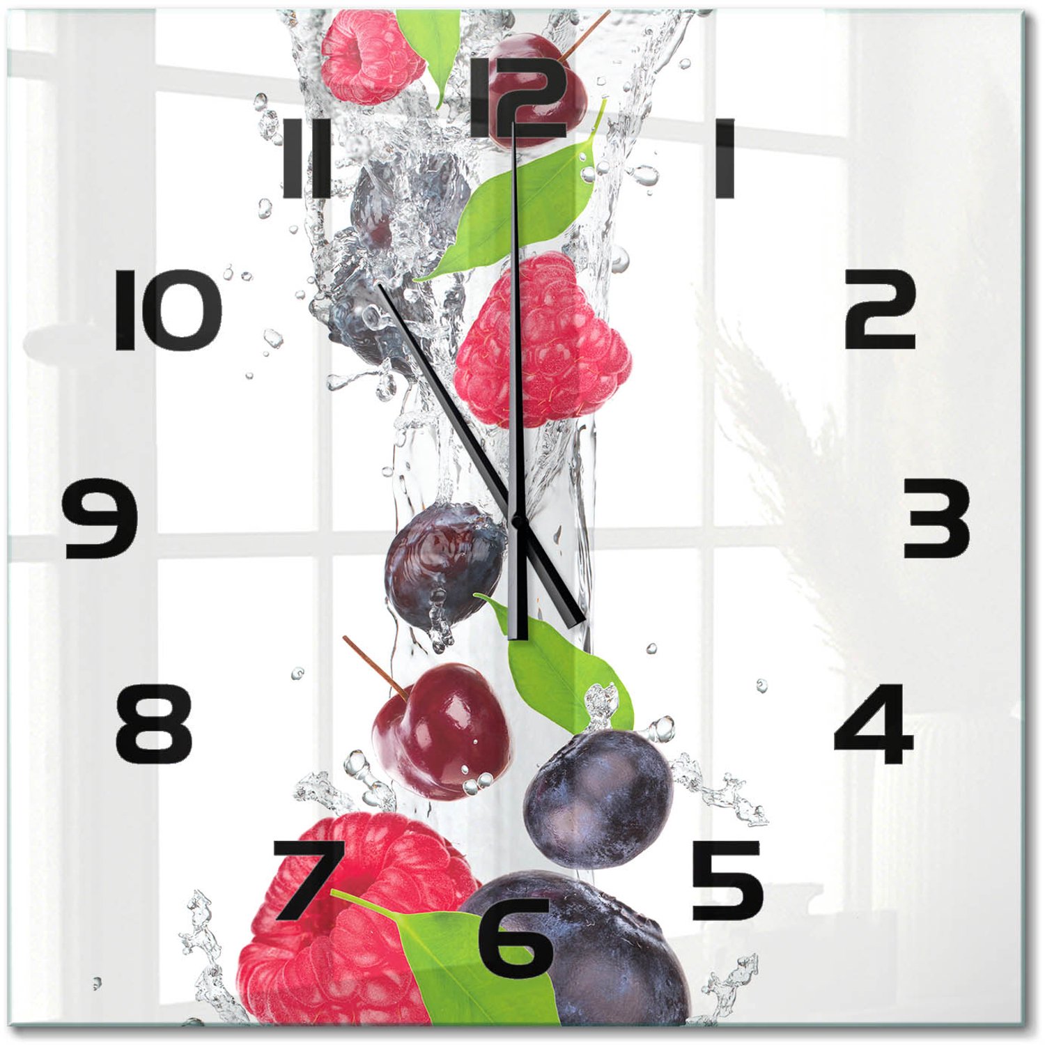 TULUP Wandklok - Fruit en water Glazen Wandklok Design - 60x60 cm - Veelkleurig Klok Glas Met Opdruk - Zwarte handen - Vierkante Klok - Wandklok Glas Met Motief - Decoratieve Glazen Klok