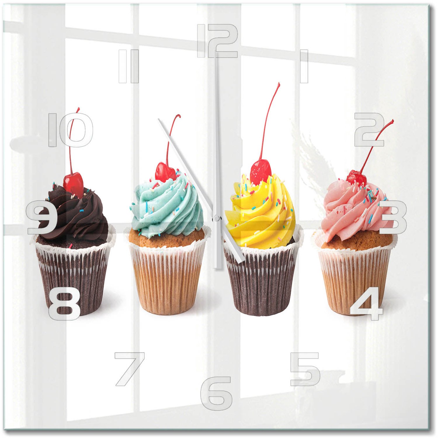 TULUP Wandklok - Muffins Glazen Klok Met Print - 60x60 cm - Veelkleurig Wandklok Glas Met Motief - Witte handen - Vierkante Klok - Wandklok Glas Decoratie - Gekleurde Glazen Klok