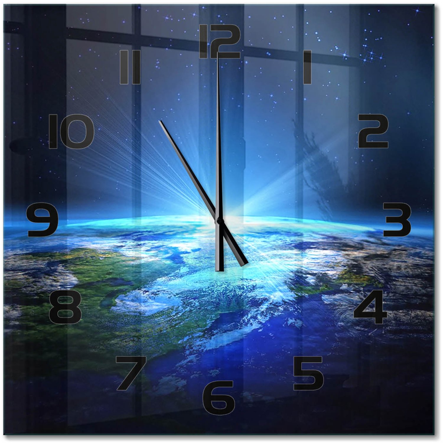 TULUP Wandklok - Planeet Aarde Decoratieve Glazen Klok - 60x60 cm - Blauw Glazen Wandklok Design - Zwarte handen - Vierkante Klok - Glazen Klok Met Print - Wandklok Glas Met Motief
