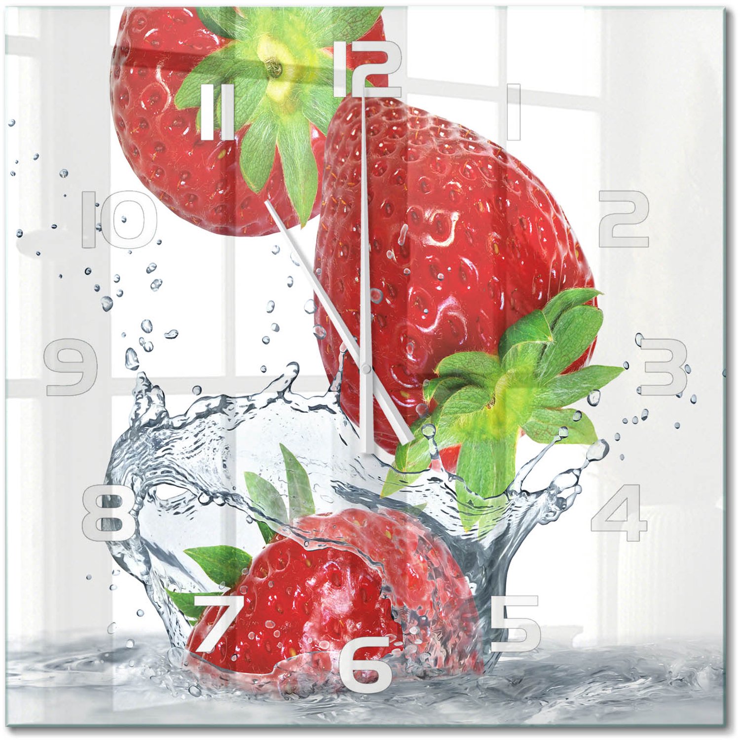 TULUP Wandklok - Aardbeien en water Glazen Klok Met Print - 60x60 cm - Rood Wandklok Glas Met Motief - Witte handen - Vierkante Klok - Wandklok Glas Decoratie - Gekleurde Glazen Klok