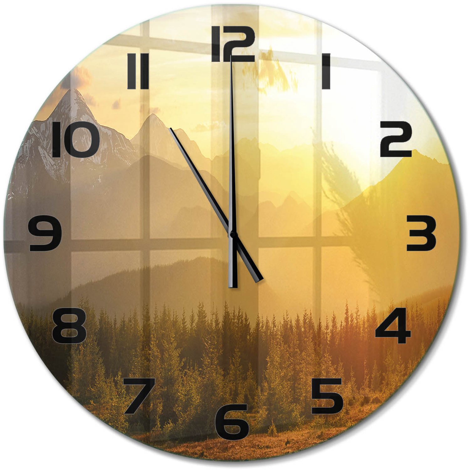 TULUP Wandklok - Bergen bij zonsondergang Moderne Wandklok Glas - fi60 cm - Geel Wandklok Glas Decoratie - Zwarte handen - Ronde Klok - Glazen Wandklok Design - Klok Glas Met Opdruk