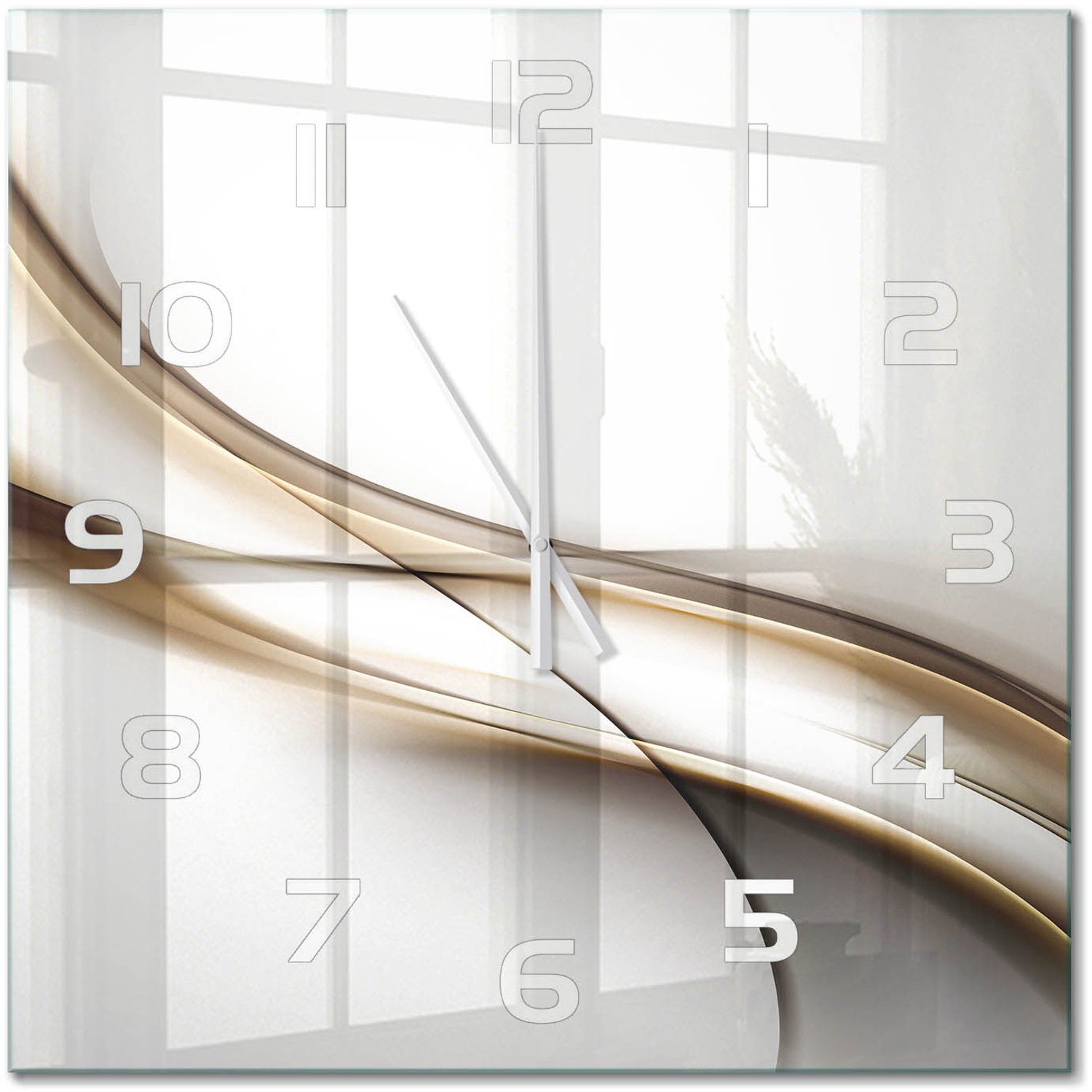 TULUP Wandklok - Bruine golf Gekleurde Glazen Klok - 60x60 cm - Beige Glazen Klok Met Print - Witte handen - Vierkante Klok - Moderne Wandklok Glas - Wandklok Glas Decoratie