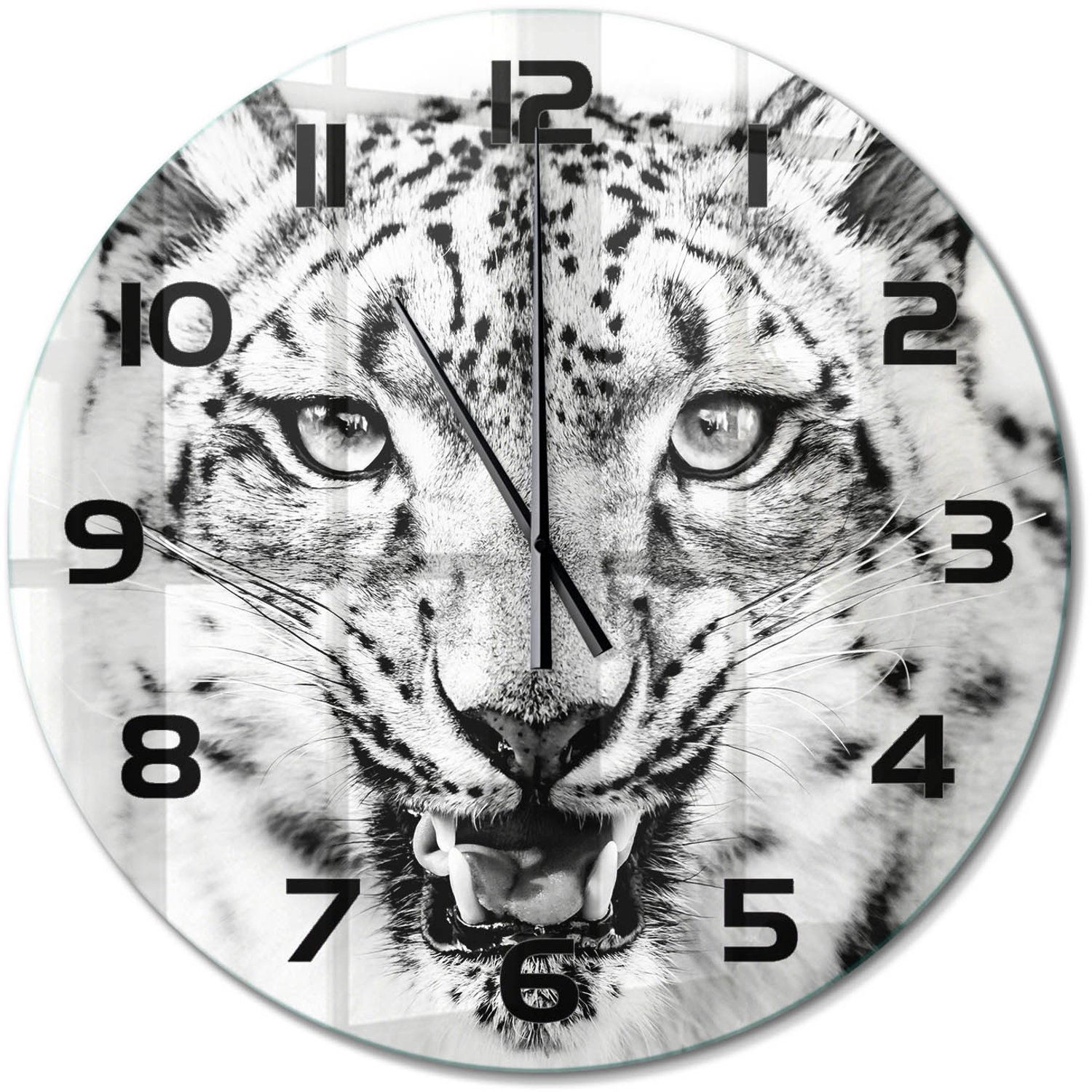 TULUP Wandklok - Sneeuwluipaard Wandklok Glas Met Motief - fi60 cm - Zwart-wit Decoratieve Glazen Klok - Zwarte handen - Ronde Klok - Gekleurde Glazen Klok - Glazen Klok Met Print