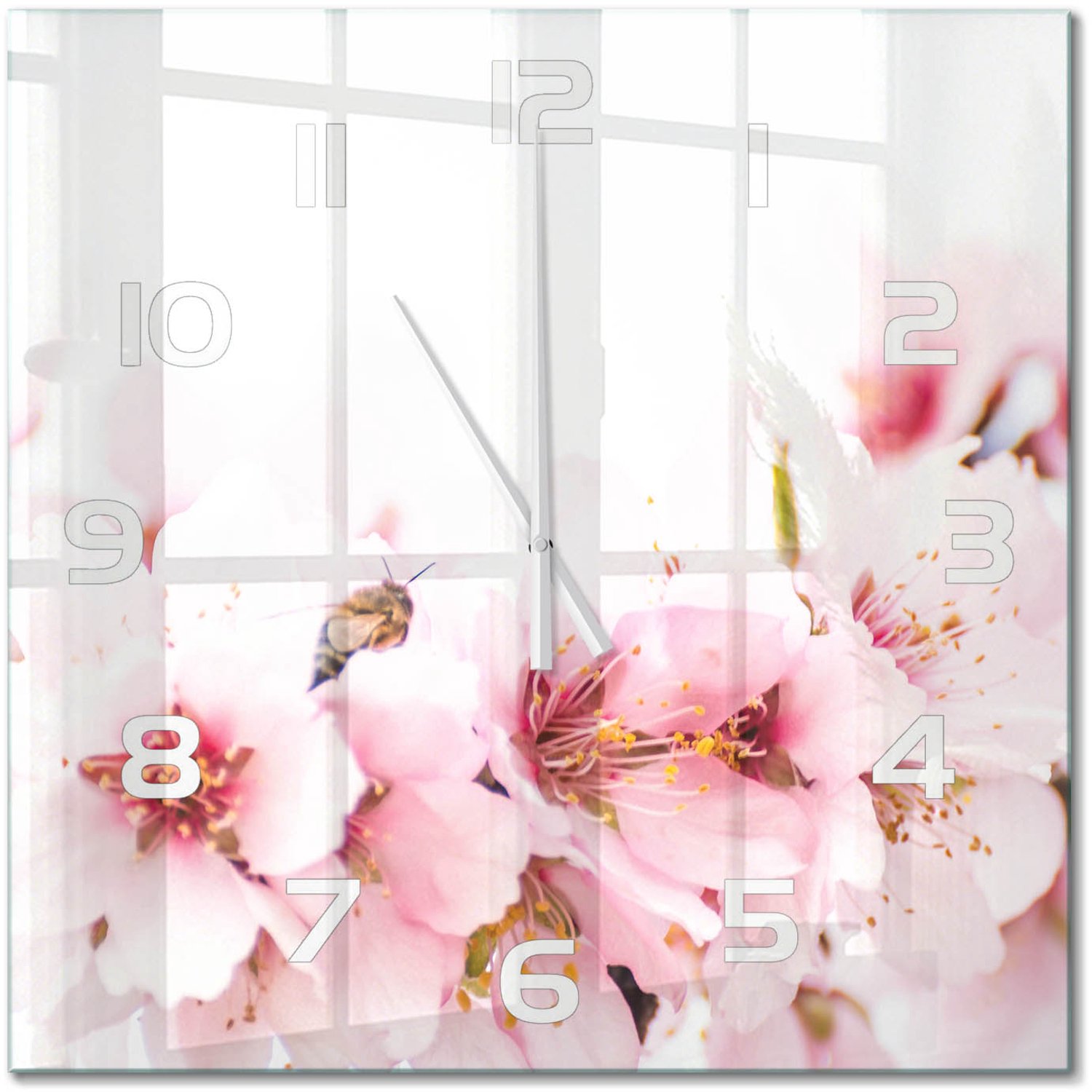 TULUP Wandklok - Kersenbloesem Moderne Wandklok Glas - 60x60 cm - Roze Wandklok Glas Decoratie - Witte handen - Vierkante Klok - Glazen Wandklok Design - Klok Glas Met Opdruk
