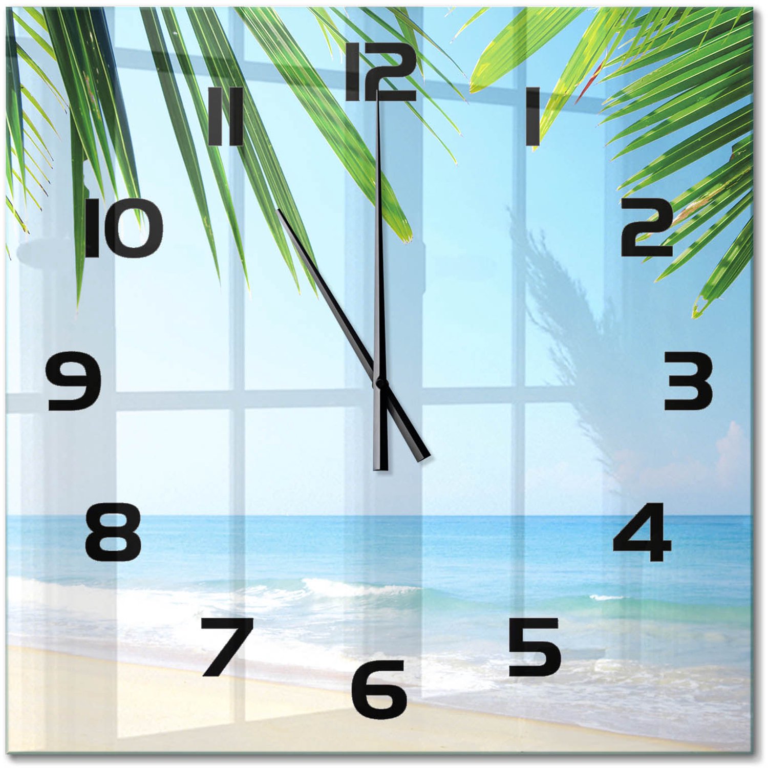 TULUP Wandklok - Tropisch strand Decoratieve Glazen Klok - 60x60 cm - Groente Glazen Wandklok Design - Zwarte handen - Vierkante Klok - Glazen Klok Met Print - Wandklok Glas Met Motief