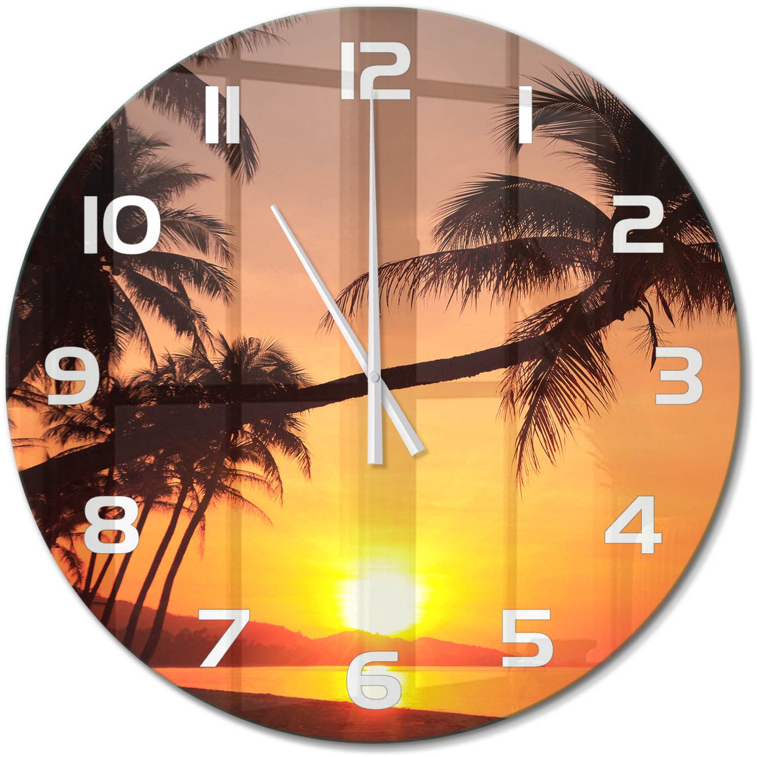 TULUP Wandklok - Zonsondergangstrand Glazen Wandklok Design - fi60 cm - Oranje Klok Glas Met Opdruk - Witte handen - Ronde Klok - Wandklok Glas Met Motief - Decoratieve Glazen Klok