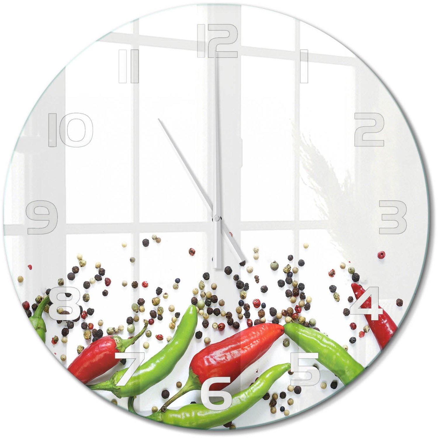 TULUP Wandklok - Chilipepers Klok Glas Met Opdruk - fi60 cm - Veelkleurig Moderne Wandklok Glas - Witte handen - Ronde Klok - Decoratieve Glazen Klok - Glazen Wandklok Design