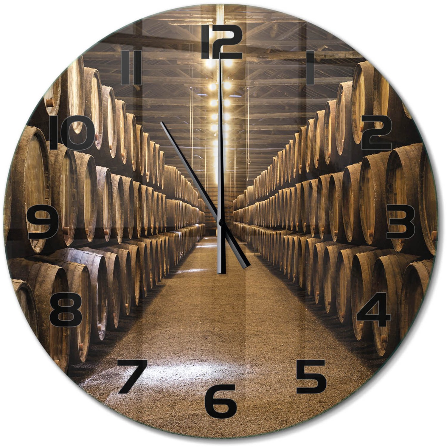 TULUP Wandklok - Porto Wijnkelders Wandklok Glas Met Motief - fi60 cm - Bruin Decoratieve Glazen Klok - Zwarte handen - Ronde Klok - Gekleurde Glazen Klok - Glazen Klok Met Print
