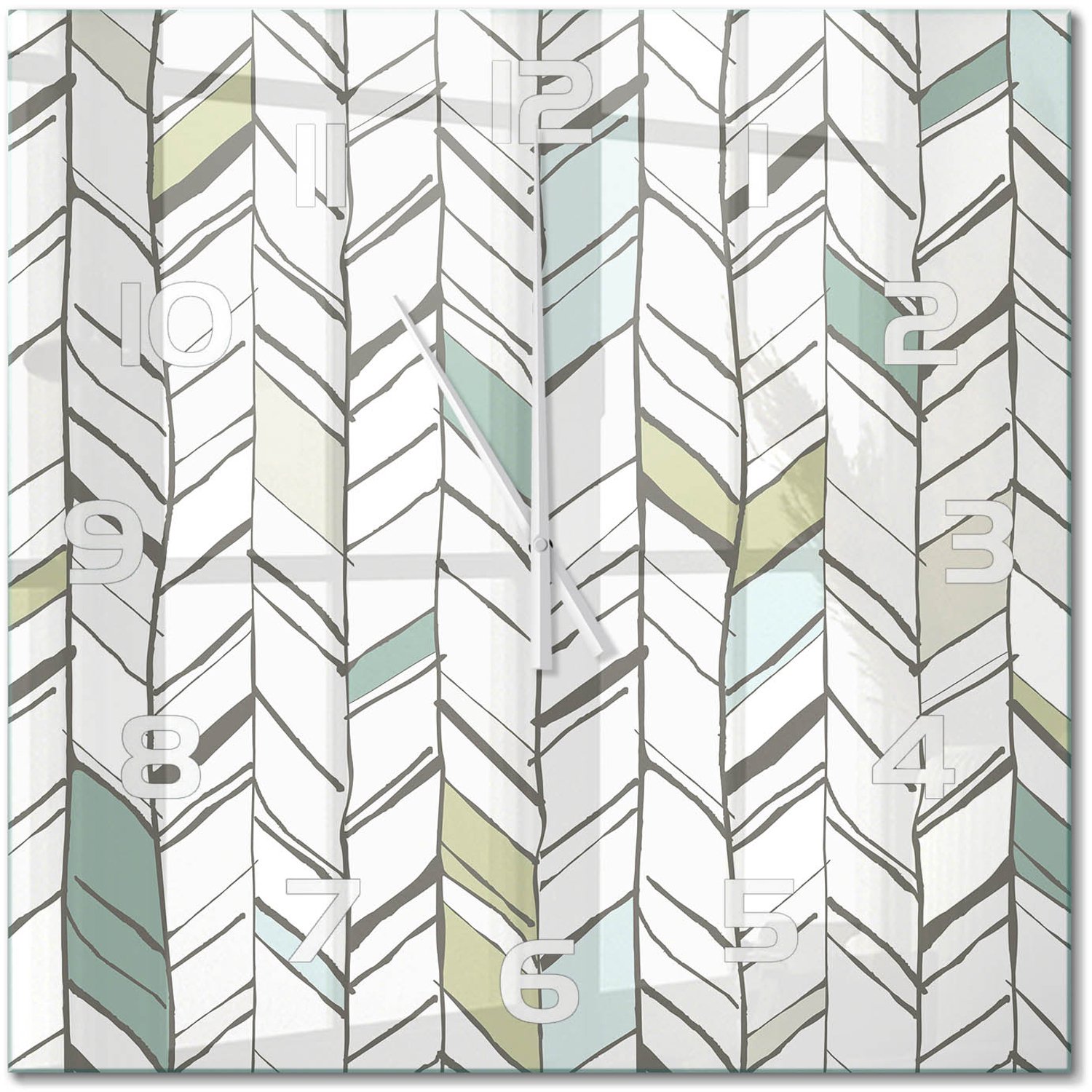 TULUP Wandklok - Visgraatpatroon Wandklok Glas Decoratie - 60x60 cm - Groente Gekleurde Glazen Klok - Witte handen - Vierkante Klok - Klok Glas Met Opdruk - Moderne Wandklok Glas
