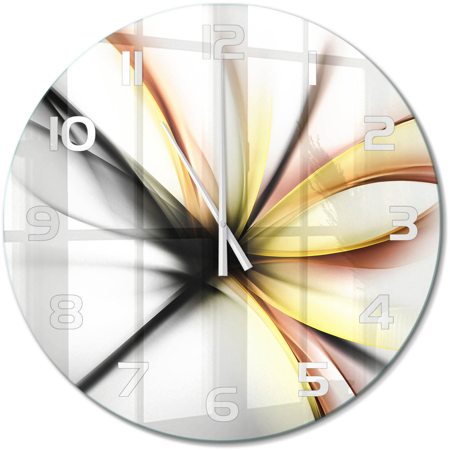 TULUP Wandklok - Bloemabstractie Klok Glas Met Opdruk - fi60 cm - Geel Moderne Wandklok Glas - Witte handen - Ronde Klok - Decoratieve Glazen Klok - Glazen Wandklok Design