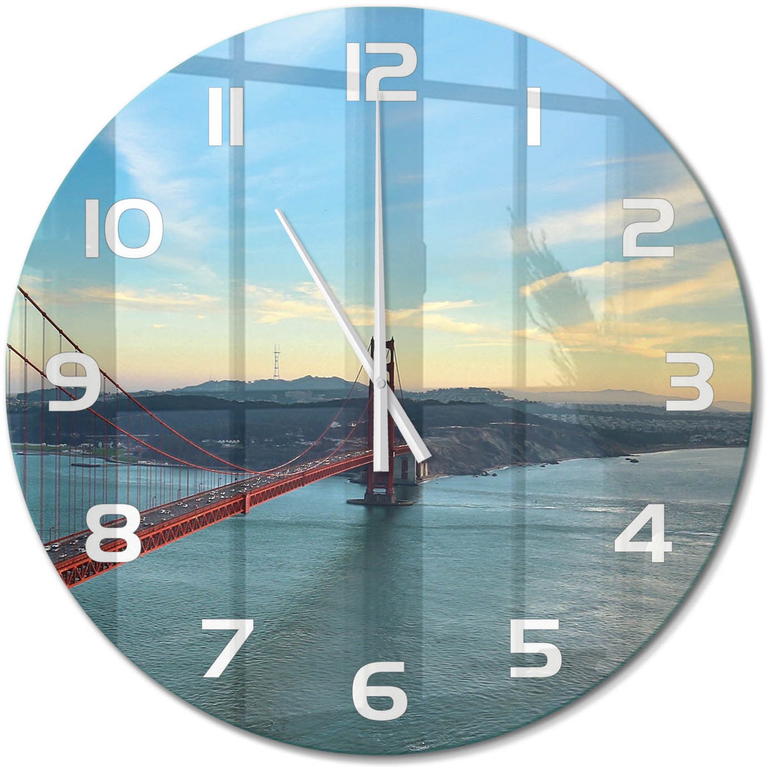 TULUP Wandklok - San Francisco-brug Wandklok Glas Decoratie - fi60 cm - Rood Gekleurde Glazen Klok - Witte handen - Ronde Klok - Klok Glas Met Opdruk - Moderne Wandklok Glas