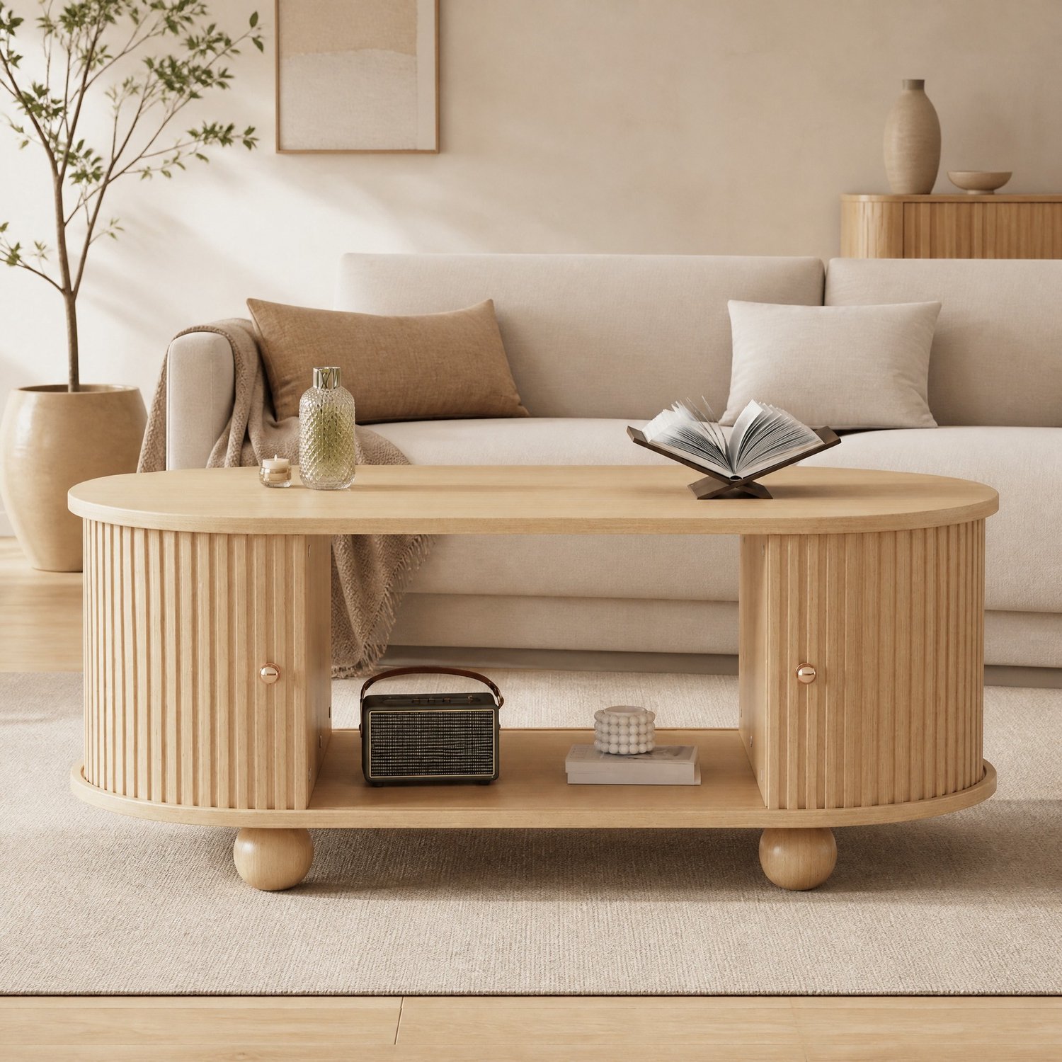 Maisentiel Ovale salontafel 100 x 50 x 40 cm met schuifdeuren, MDF, houtkleur