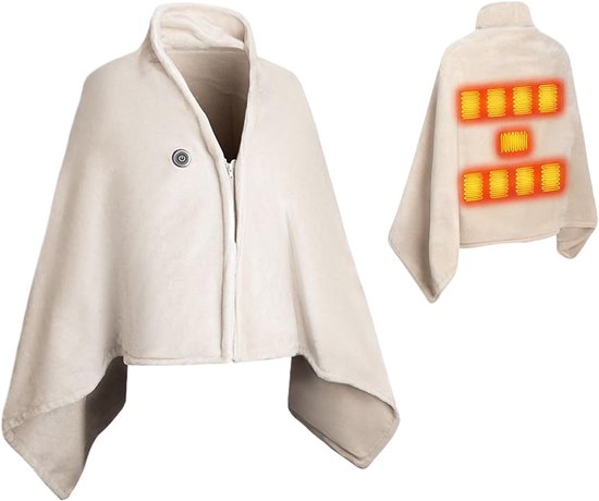 Beige verwarmde cape met ritssluiting, achterkant toont oranje verwarmingselementen op de rug.