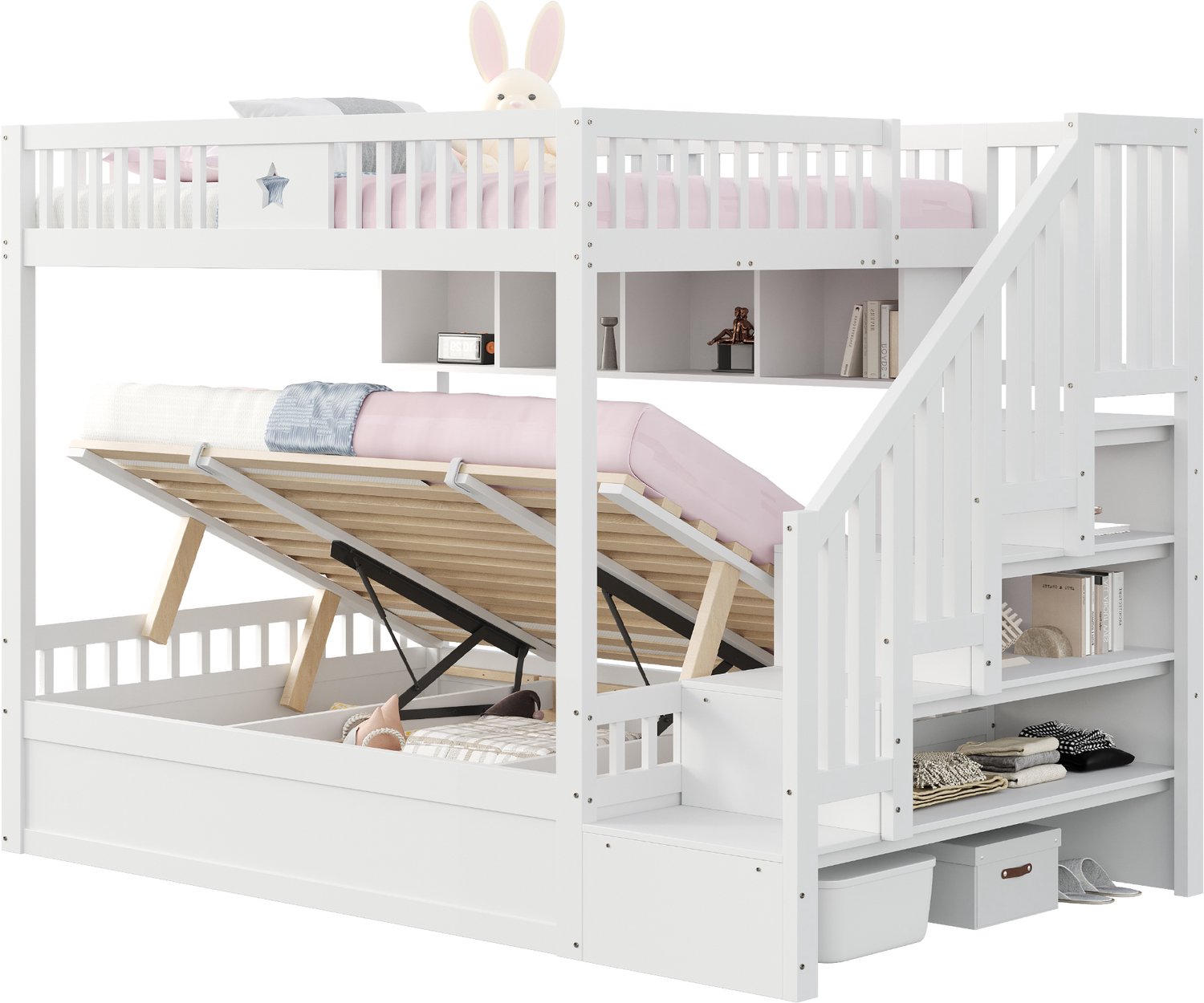 Stapelbed 140 x 200 cm - Met Hydraulisch Onderbed En Opbergtrap - Grenenhout, Multiplex En MDF - Hoge Omranding En Opbergplanken - Wit