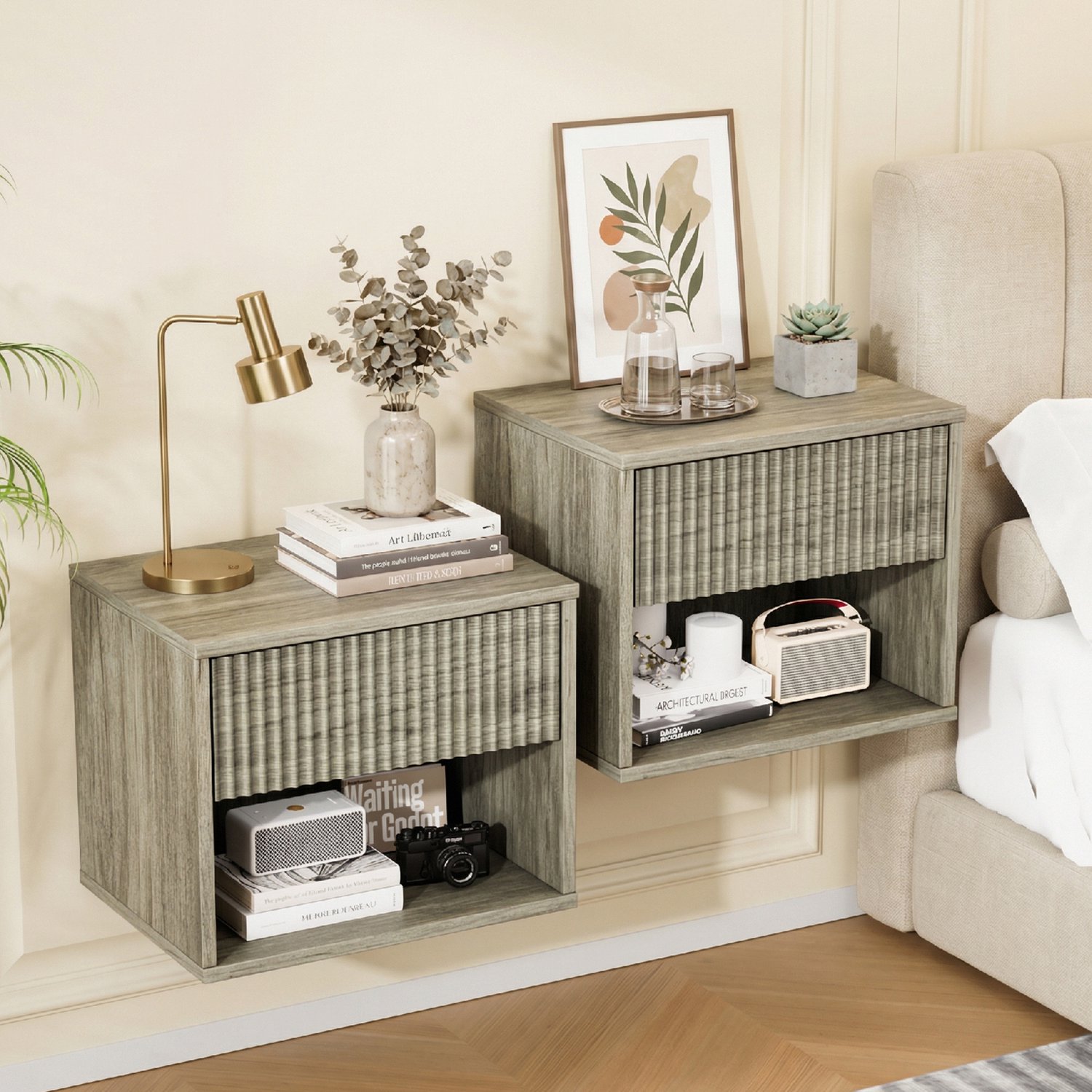 LEADZM Set van 2 Nachtkastjes met 1 lades - Grijs - 40 x 30 x 33 cm