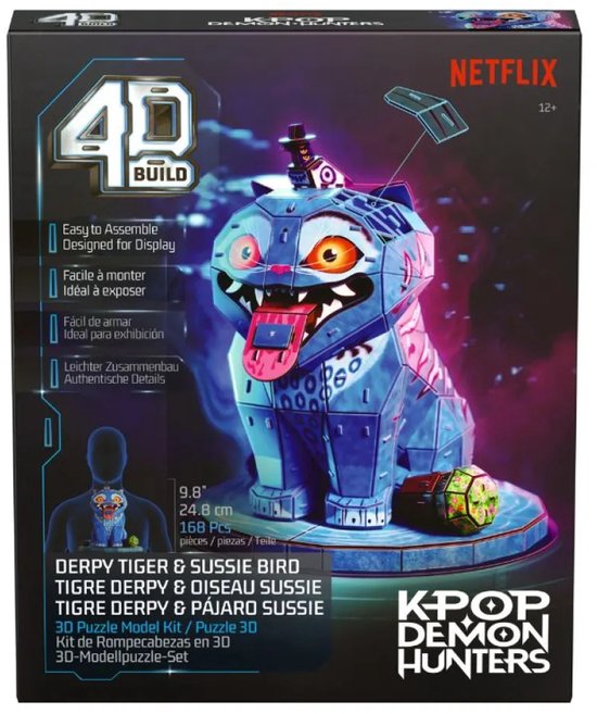 4D Build KPop Demon Hunters Derpy 3D-puzzelpakket van 168 stukjes met een blauwe tijgerfiguur.