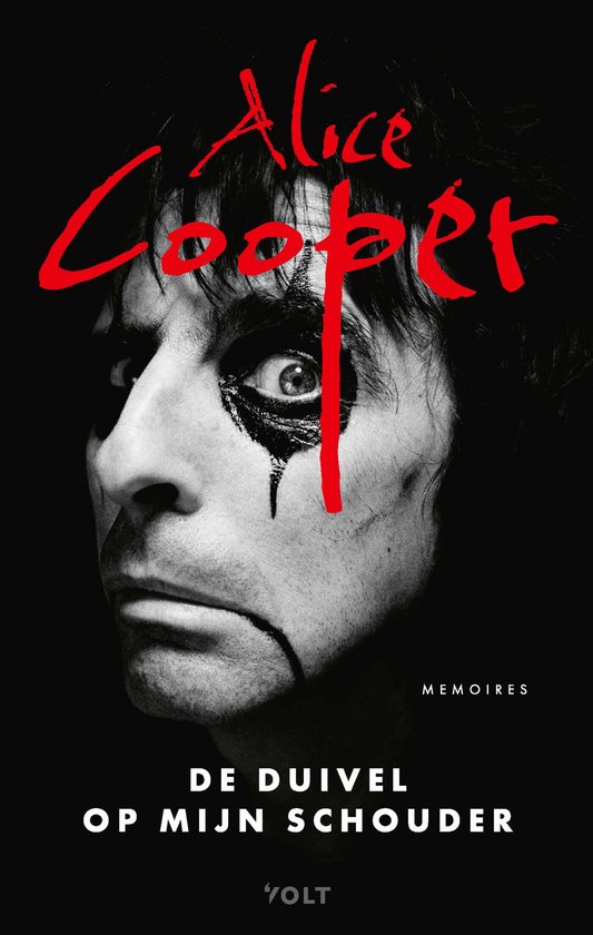 Zwart-witportret van Alice Cooper met iconische schmink, rode titel 'Alice Cooper' en 'De duivel op mijn schouder'.