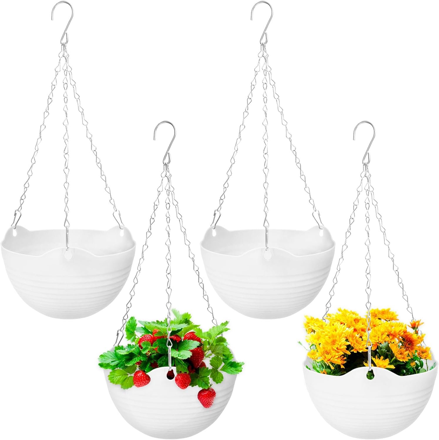 KZQ 4 Stuks hangpotten – Halfronde hangpot – Bloempot – Inclusief waterreservoir, ketting en stop – Geschikt voor tuin, veranda en wanddecoratie – 20 x 20 cm – Wit