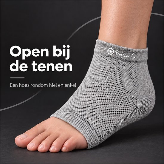 Grijze Professor Q hielbeschermer met open voorvoet. Tekst: Open bij de tenen.