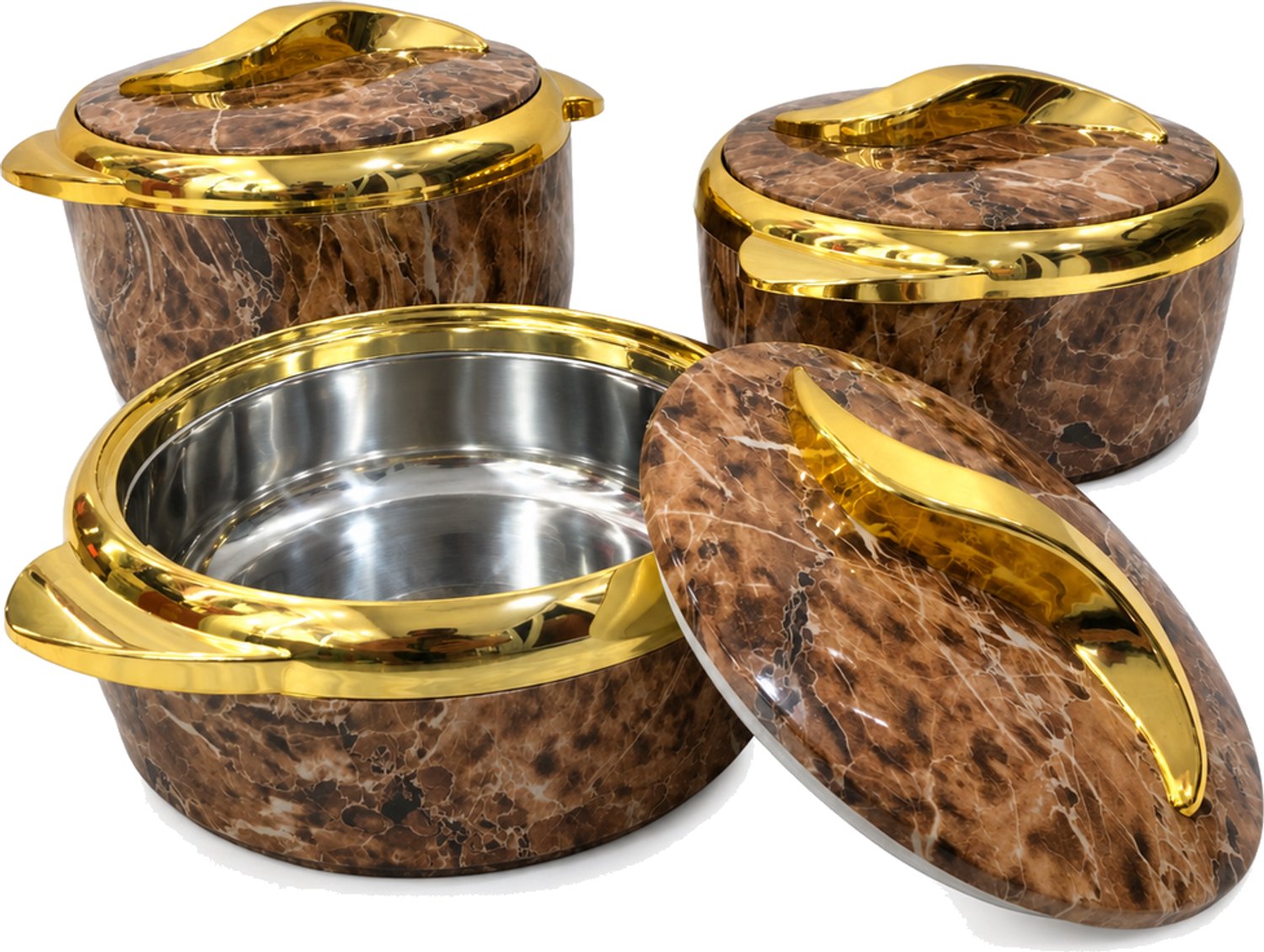 Set van 3 warmhoudschalen met deksels, 1,5 l, 2 l en 2,5 l, bruin gemarmerd met goudkleurige accenten