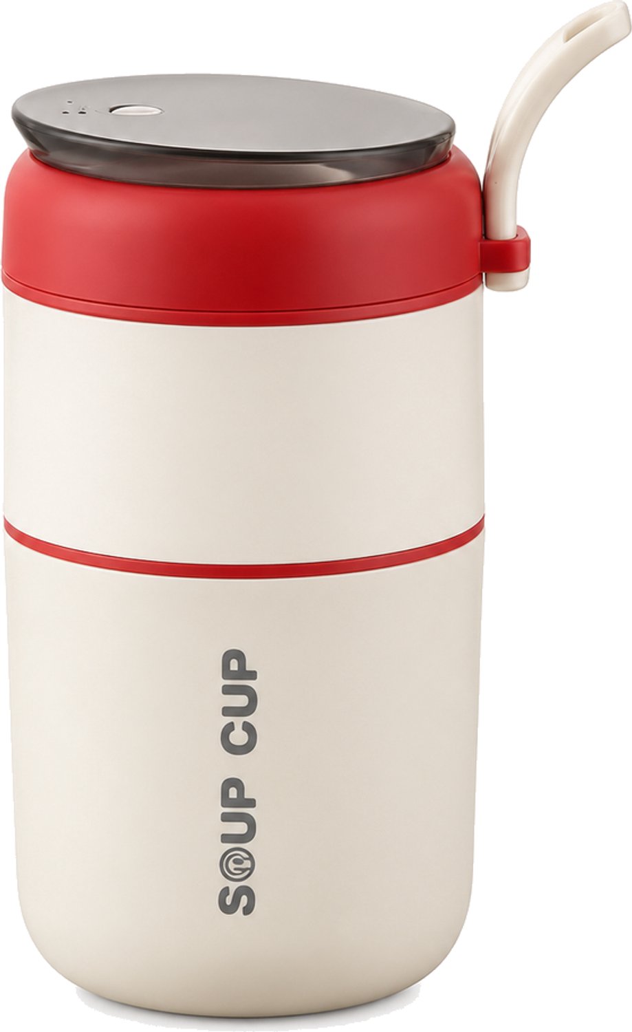 Ontbijtbeker 740 ml met twee lagen en opvouwbare kunststof lepel in rood en wit