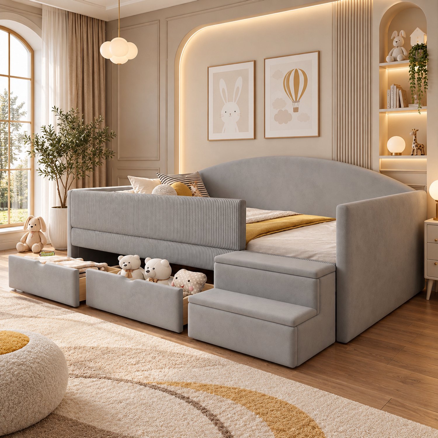 Welltin Eenpersoonsbed 90x190 cm - Kinderbed - Gestoffeerd bed - Multifunctioneel bed - Opbergbed - Met lades - Met vangrails - Met Bedtrapje - Fluwelen stof - Grijs
