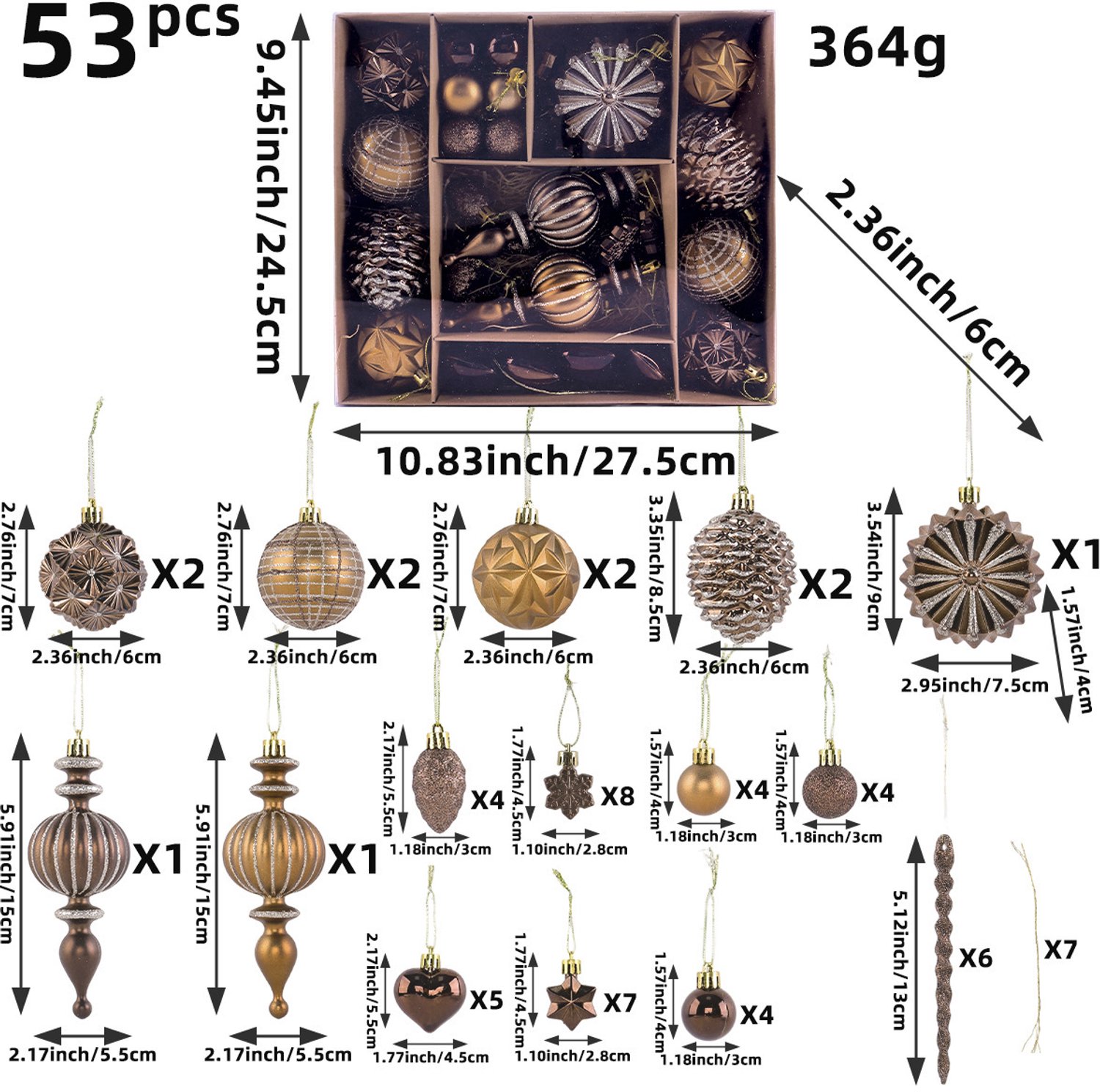 Kerstbal decoratieset 53 stuks- gevarieerde vormen met dennenappels en vormgevallen ballen- handbeschilderde kerstboom hangornamenten- luxe kerstdecoratie voor etalage en binnen – foto 2