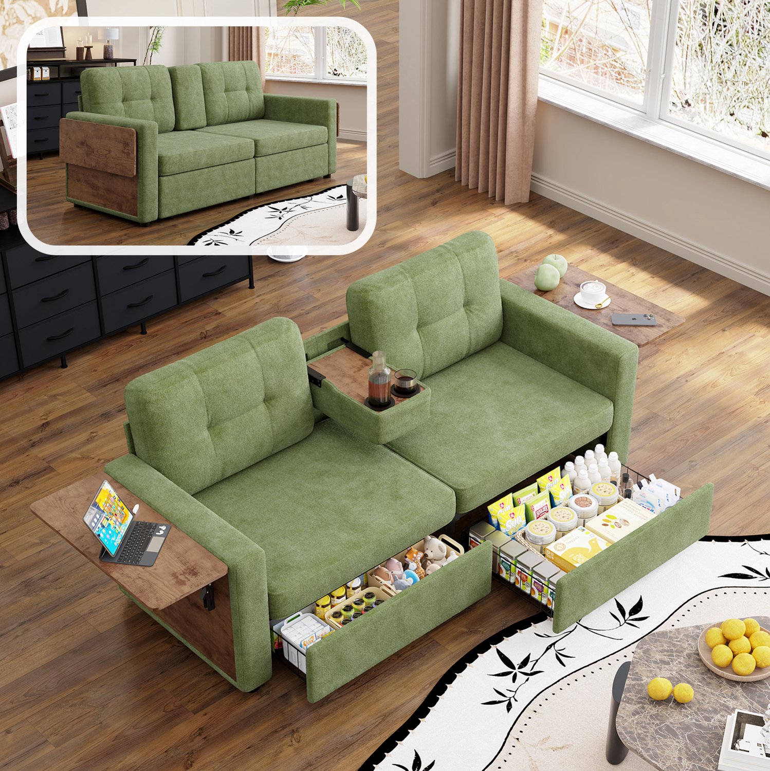 OKWISH 2-Zits Slaapbank 178 Cm - Met Opbergladen, Uitklapbare Laptoptafel En Bekerhouders - Woonkamer - Chenille - Groen