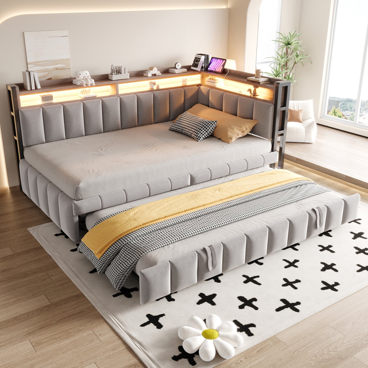MIVRAY Slaapbank 90x200 cm - Uitschuifbed Met Ledverlichting en USB C - Zonder Matras en Opbergruimte - Voor Kleine Ruimtes - Fluweel - Lichtgrijs