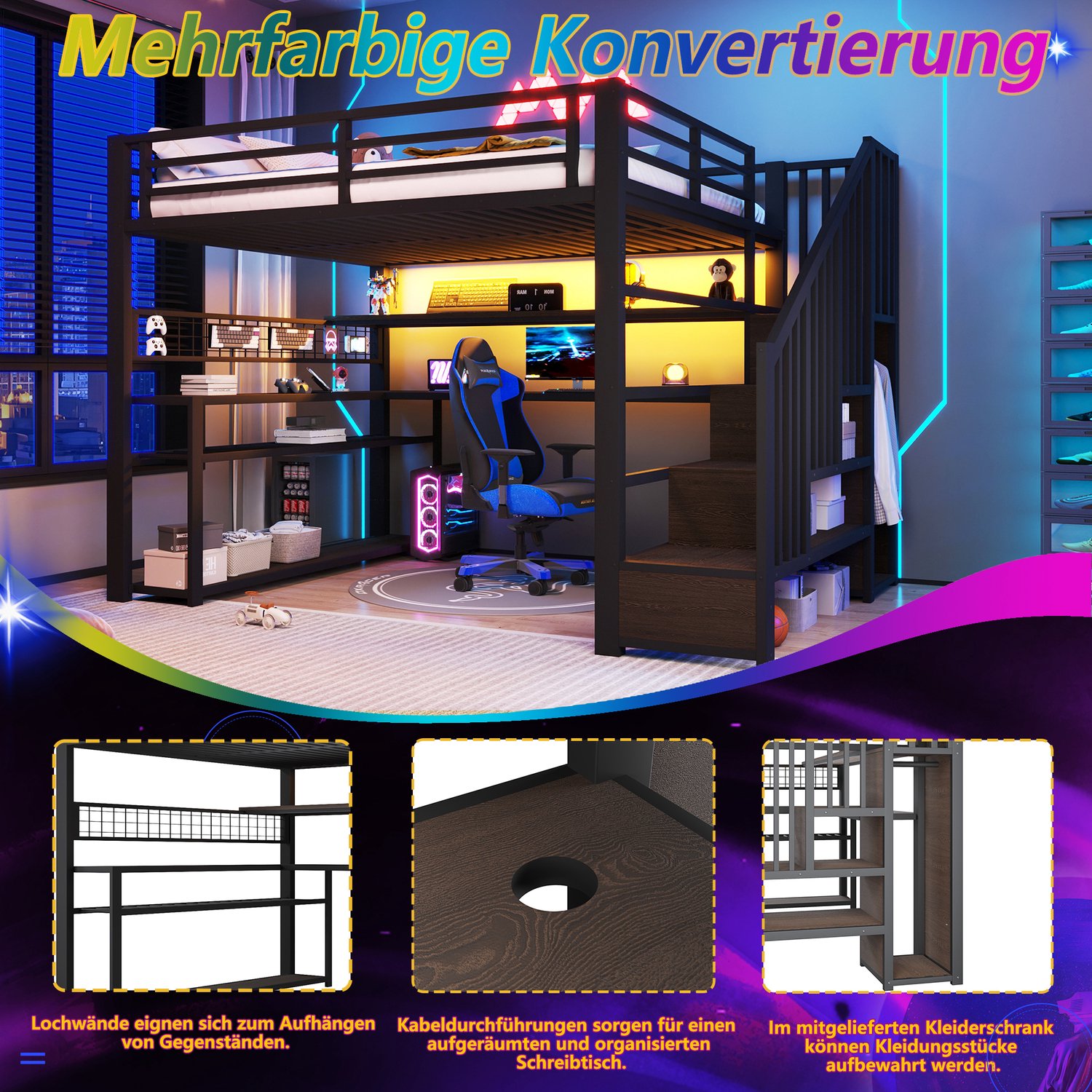 WUVRIE Hoogslaper 140x200 cm - Met bureau, kledingkast, LED en opbergruimte - Zwart