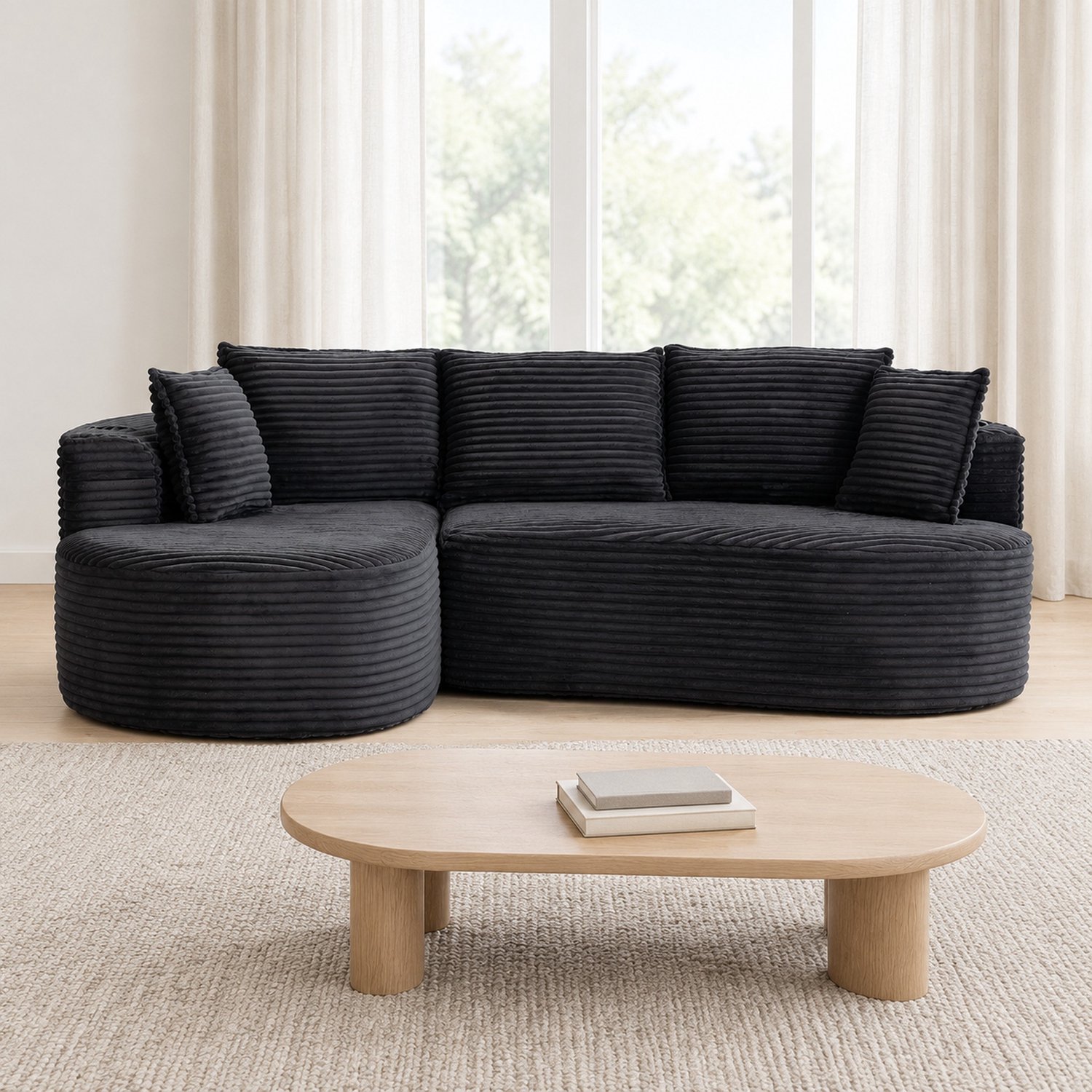 WUVRIE Hoekbank 250x152 cm - Corduroy bekleding, bekerhouders en zijvakken - Donkergrijs