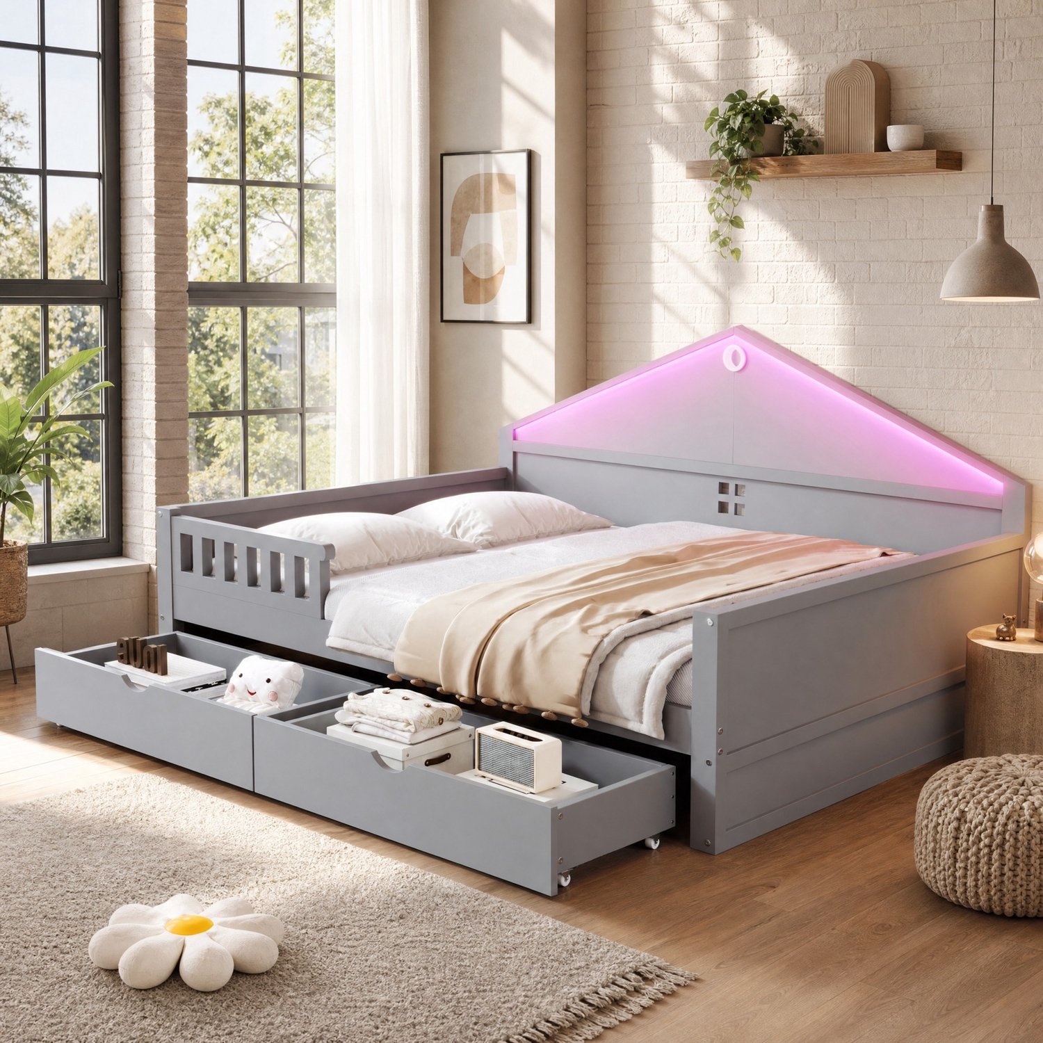 WUVRIE Kinderbed 140x200 cm - LED-lichtstrip, lattenbodem en 2 lades - Grijs