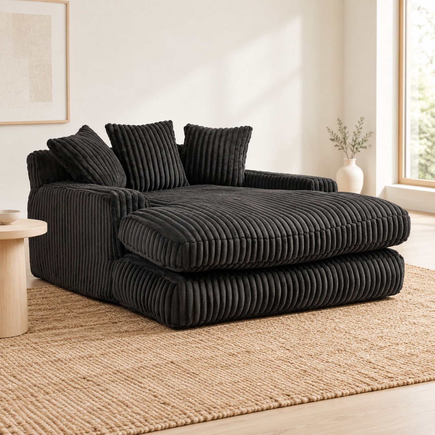 WUVRIE Chaise longue 155x125 cm - Ribstof, 3 kussens en armleuningen - Zwart