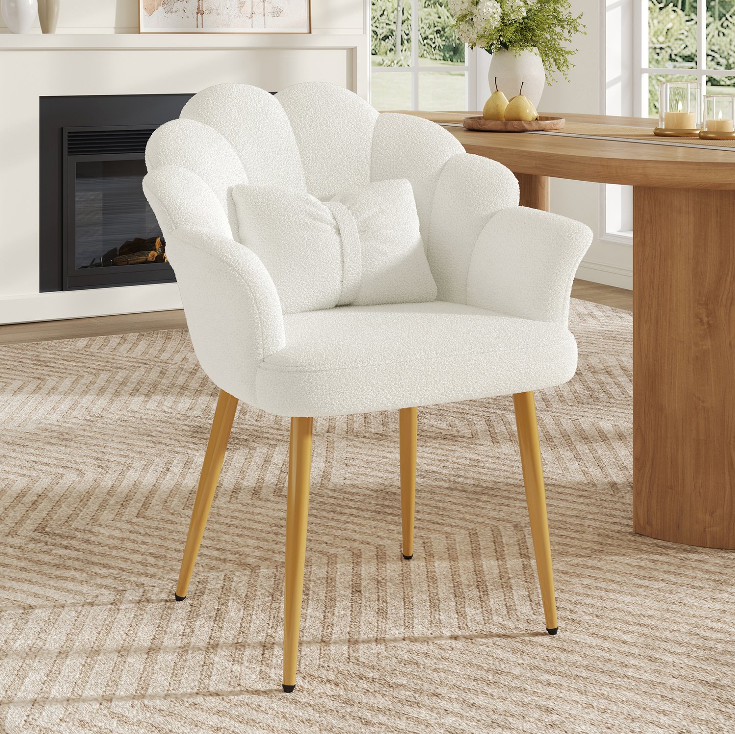 OKWISH Fauteuil 64 X 65,5 X 85 Cm - Met Armleuningen, Kussen En Metalen Poten - Voor Slaapkamer Of Eetkamer - Teddy Stof - Wit