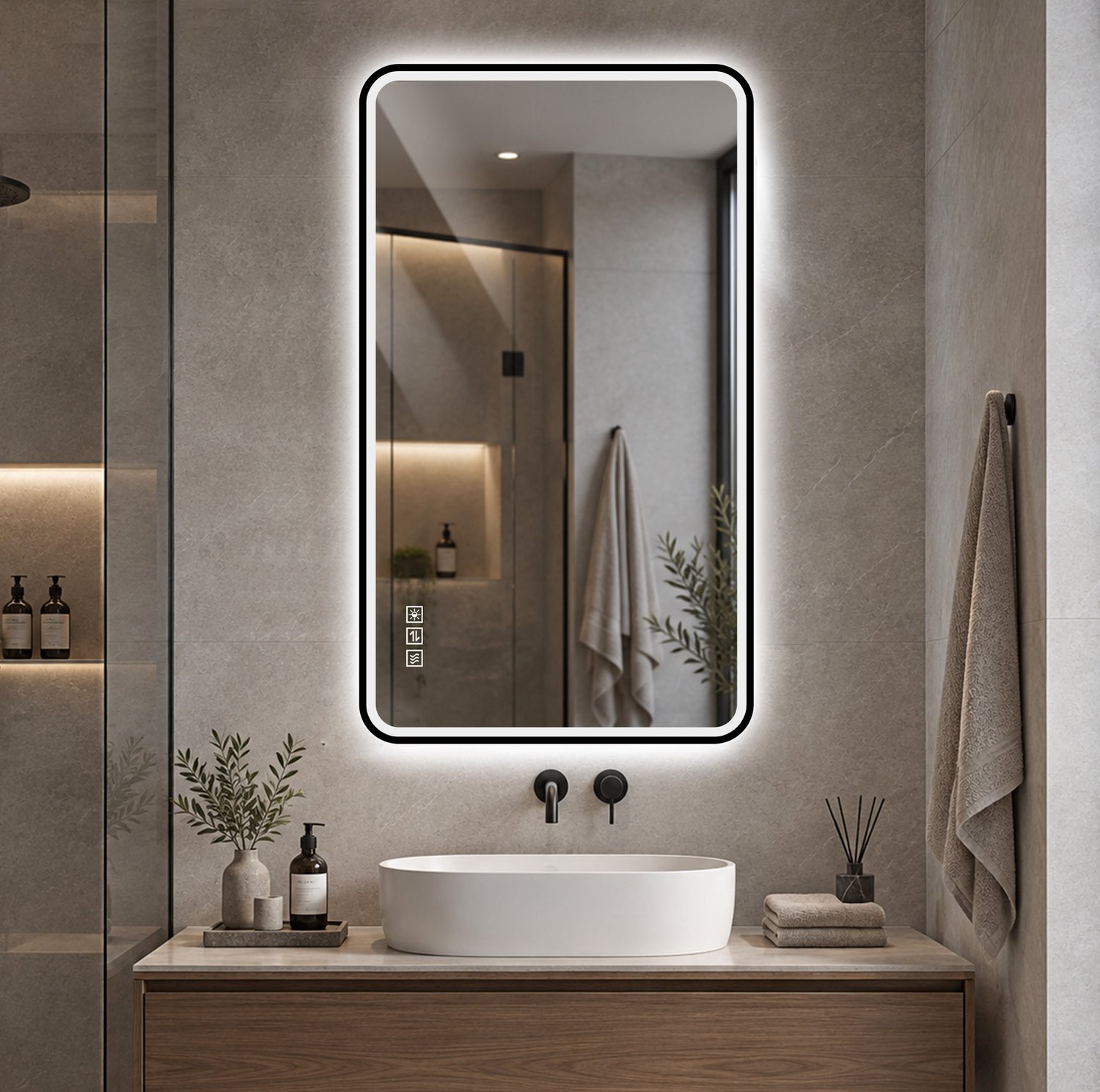 WUVRIE LED badkamerspiegel 100x60 cm - Dimbaar met 3 lichtkleuren en anti-condens - Zwart
