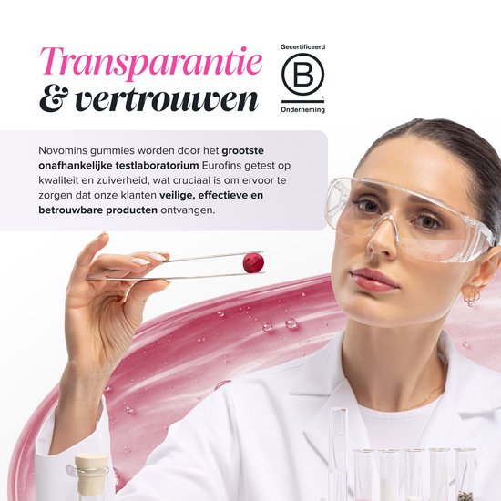 Vrouw in laboratoriumjas onderzoekt een rode gummy met een pincet, met het B Corp-logo en tekst over transparantie.