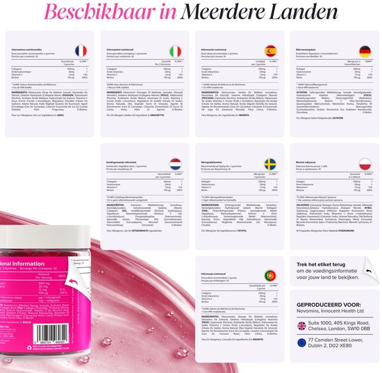Overzicht met voedingsinformatie in verschillende talen, waaronder Nederlands, Frans en Duits.