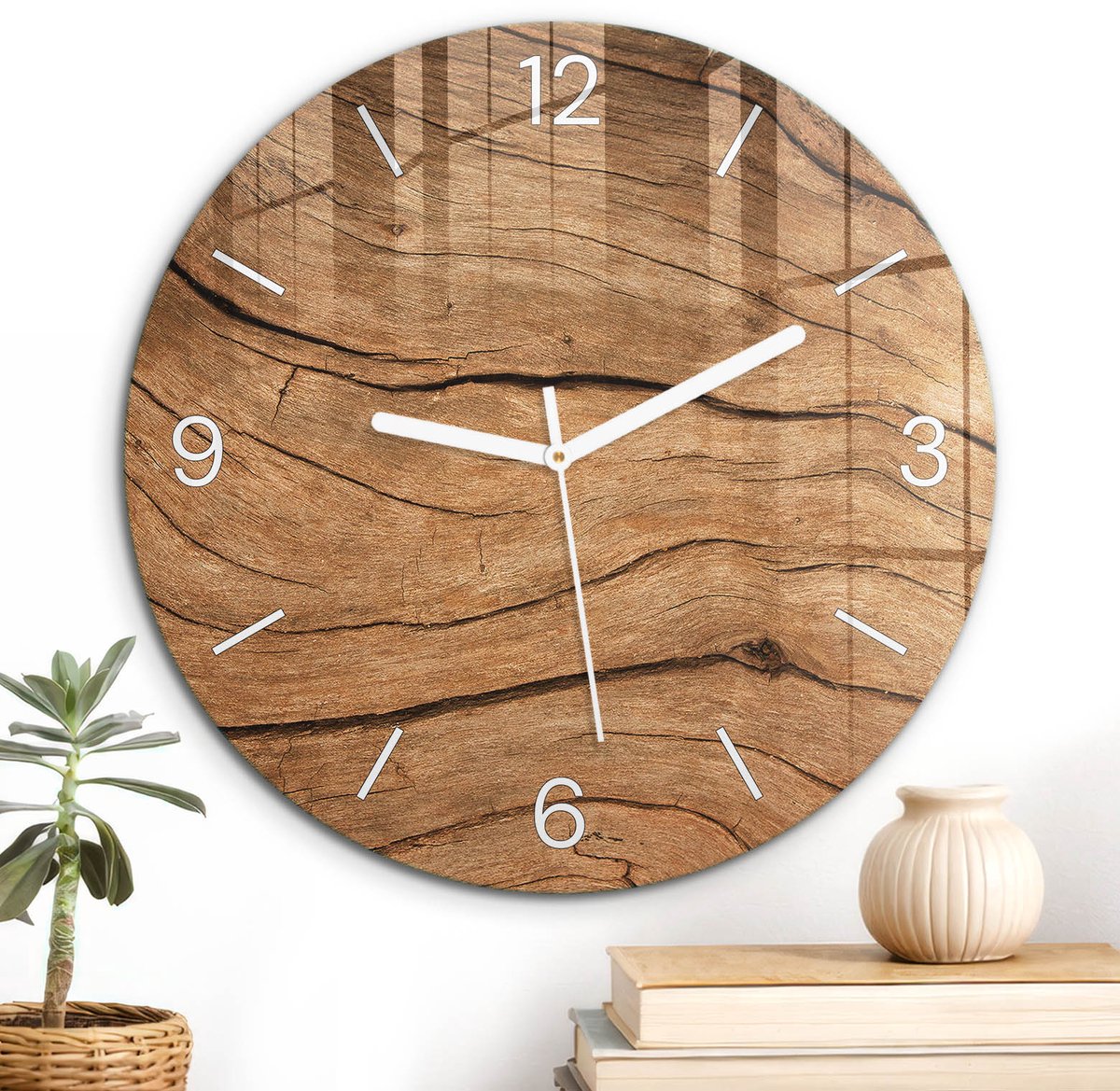 ArtPrintCave Bruin Glazen Klok - Wandklok 30 cm - Muurklok Rond - Houtstructuur Wandklok Keuken - Natuur Unieke Klok - Witte Klokwijzers